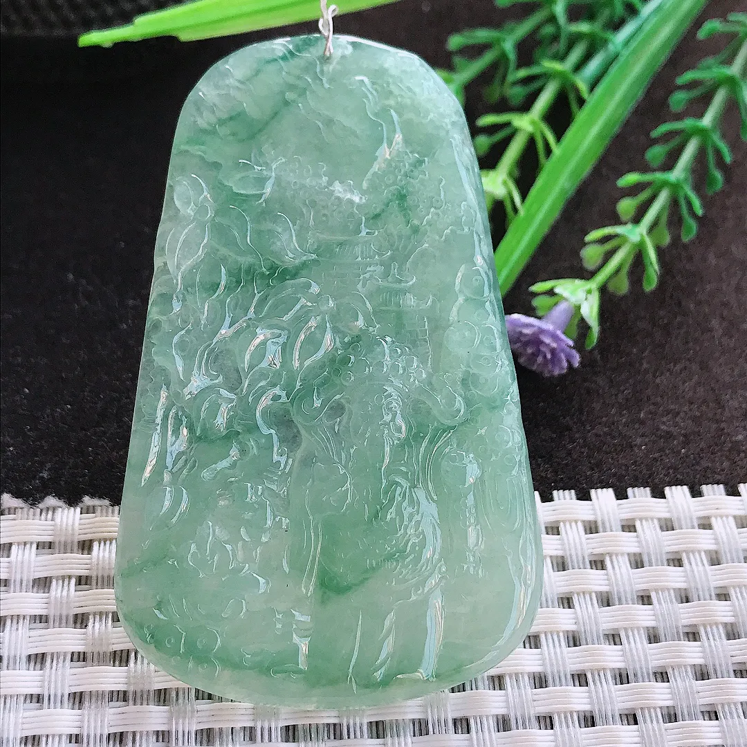 实拍A货翡翠67/42/4.8老坑冰胶水灵冰晴满绿财神爷吊坠翡翠玉牌挂件