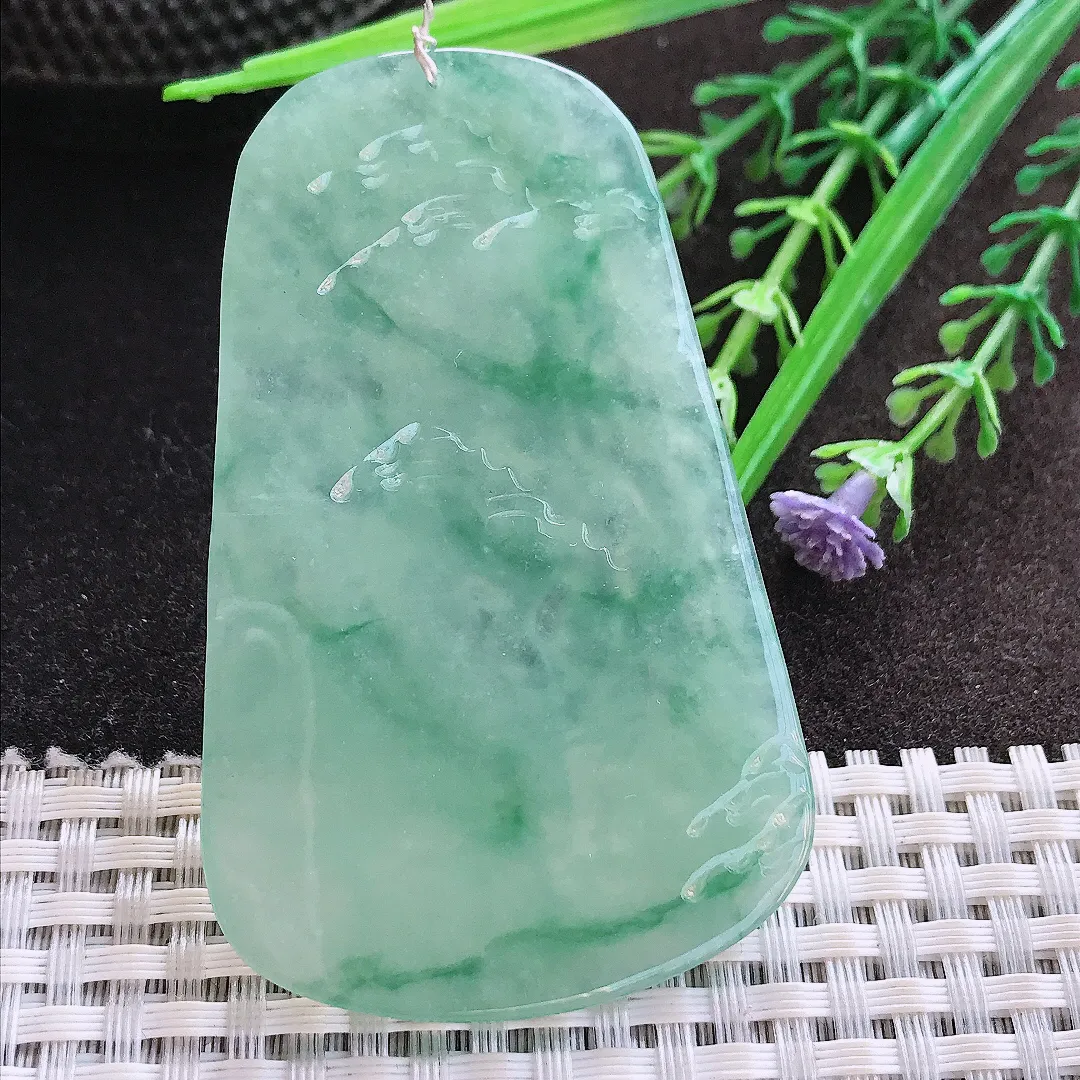 实拍A货翡翠67/42/4.8老坑冰胶水灵冰晴满绿财神爷吊坠翡翠玉牌挂件