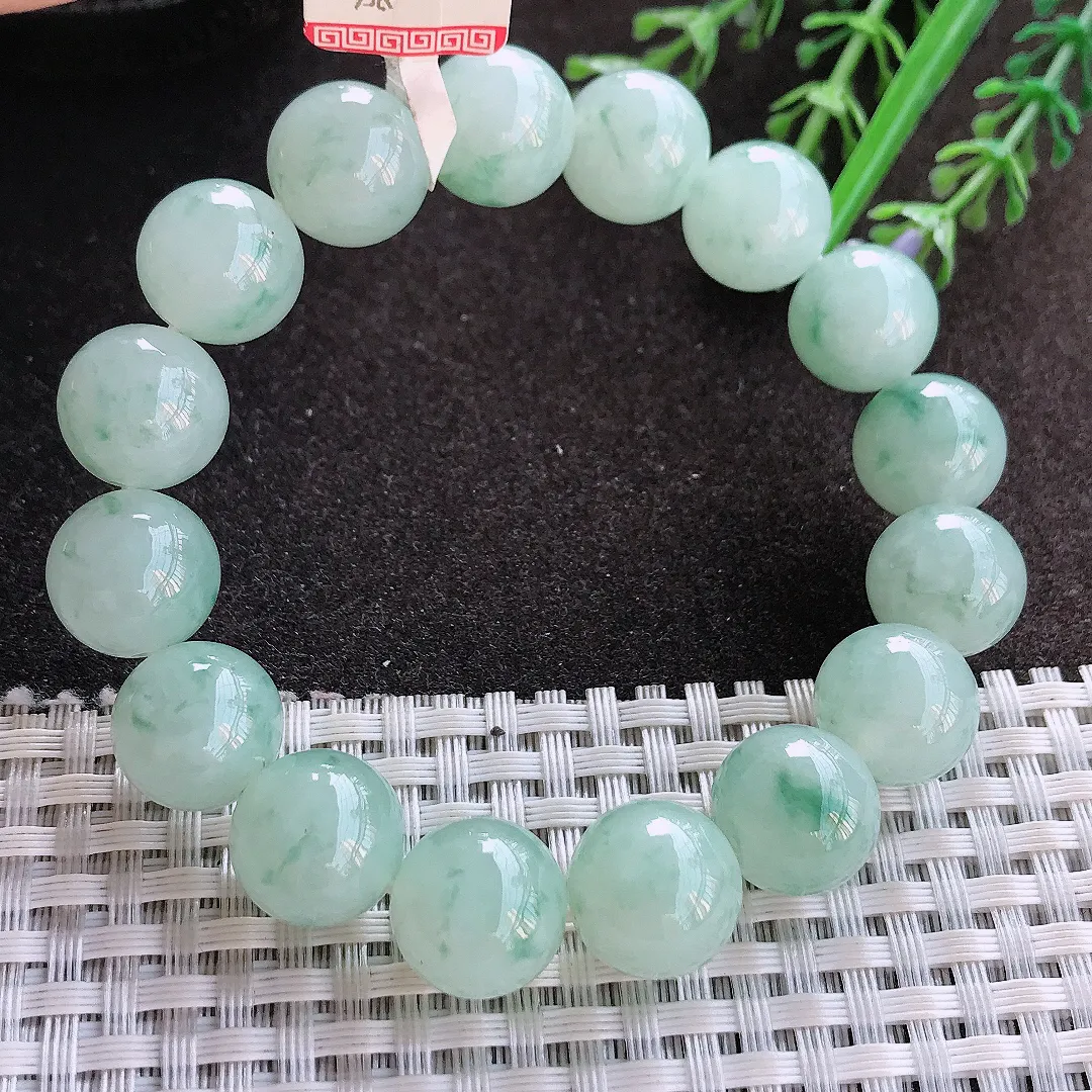 实拍A货翡翠12.6/16颗老坑冰胶水灵飘花圆珠手链翡翠玉珠手串