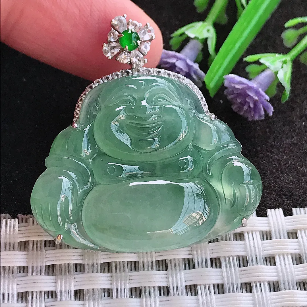 实拍A货翡翠36.8/34.7/7.8老坑18k金镶嵌冰种起胶冰晴满绿佛公吊坠翡翠玉牌挂件