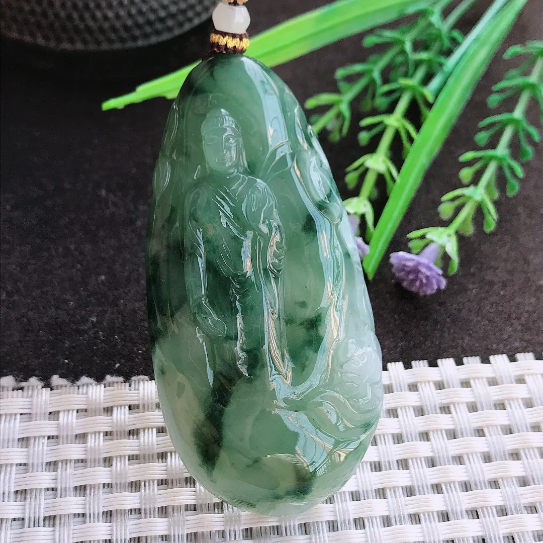 实拍A货翡翠65/33.8/9.5老坑冰胶水灵飘花阿弥陀佛吊坠翡翠玉牌挂件