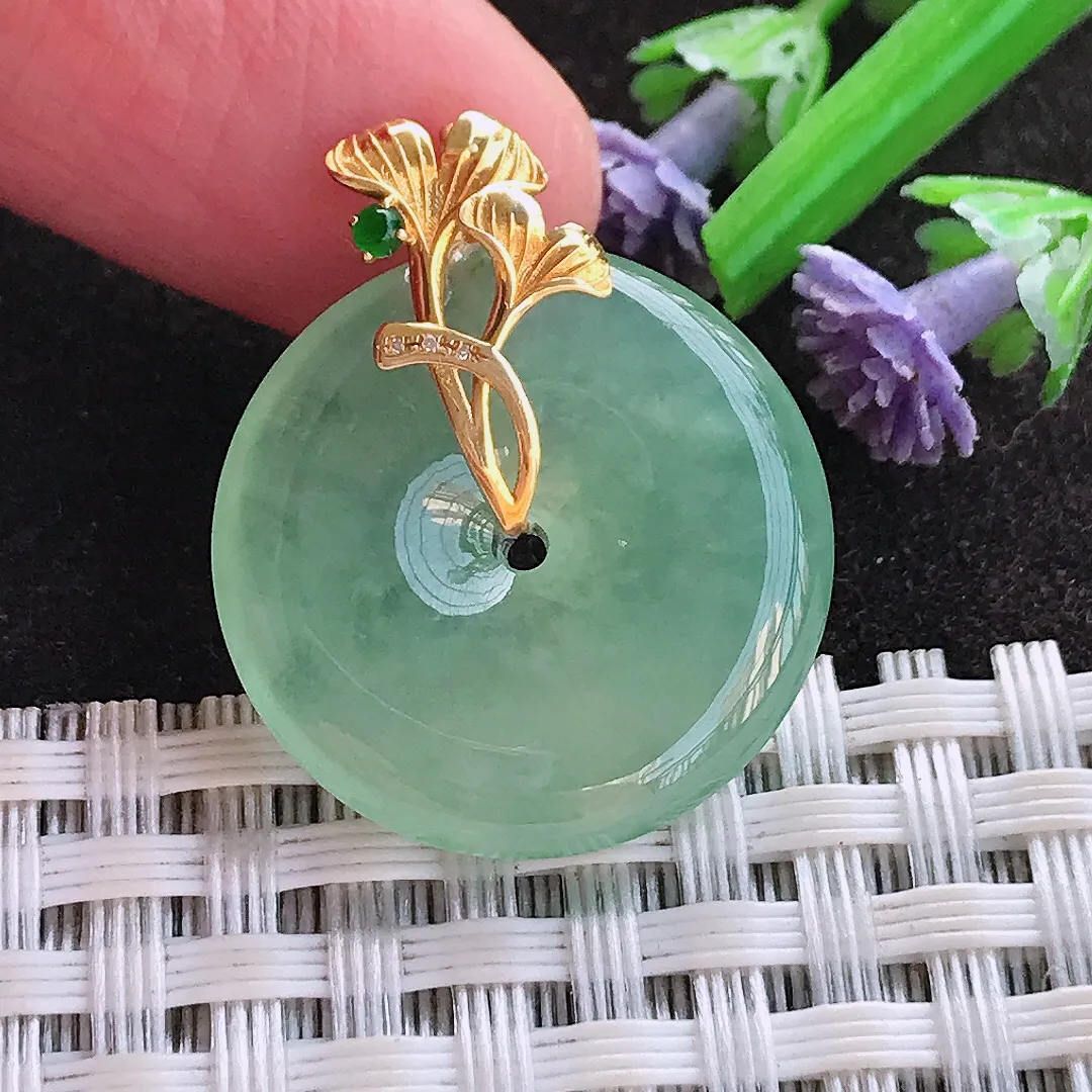 实拍A货翡翠22/4.6老坑18k金镶嵌冰晴甜绿色平安扣吊坠翡翠玉扣挂件