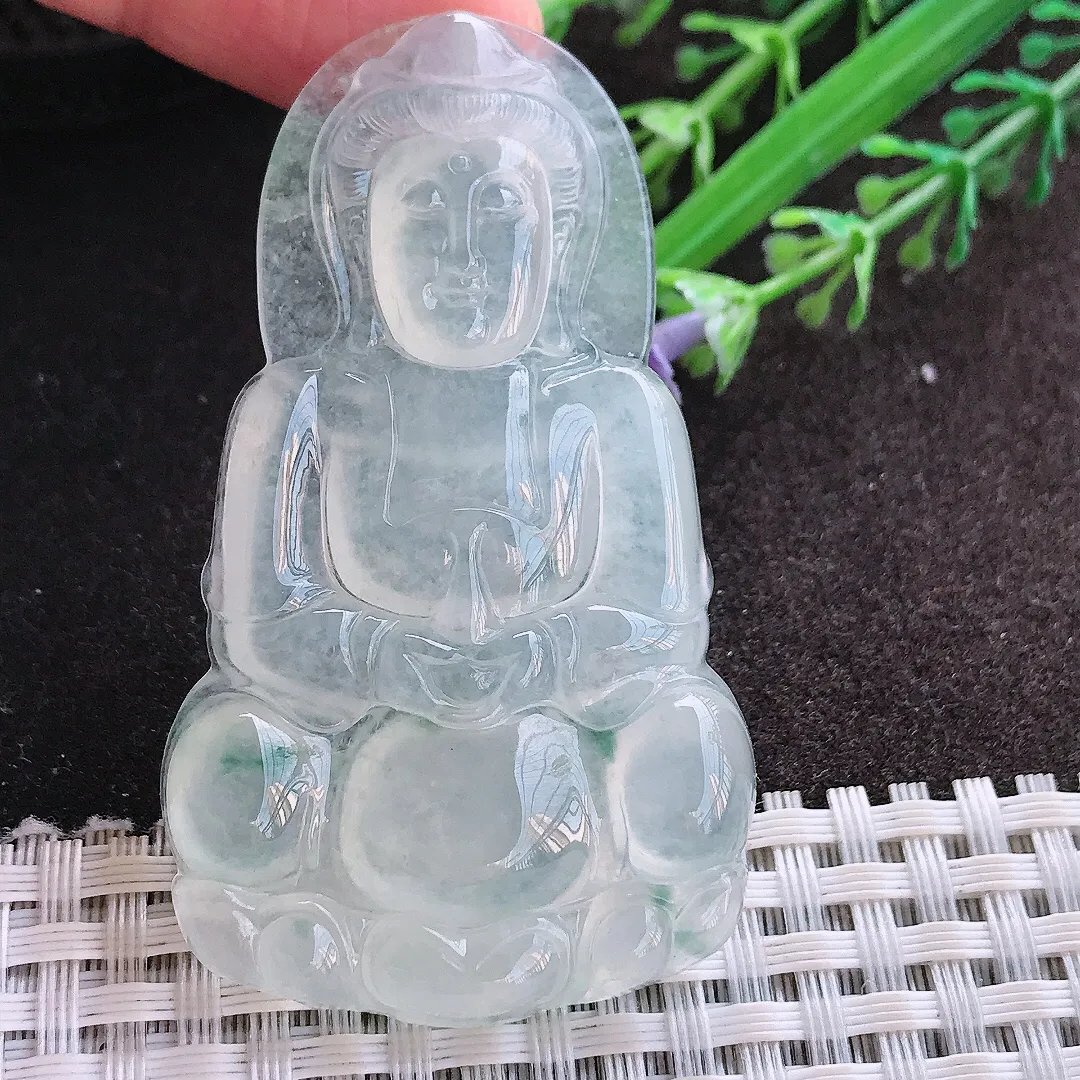 实拍A货翡翠60.5/35.5/6.4老坑冰种起钢正装观音吊坠翡翠玉观音挂件