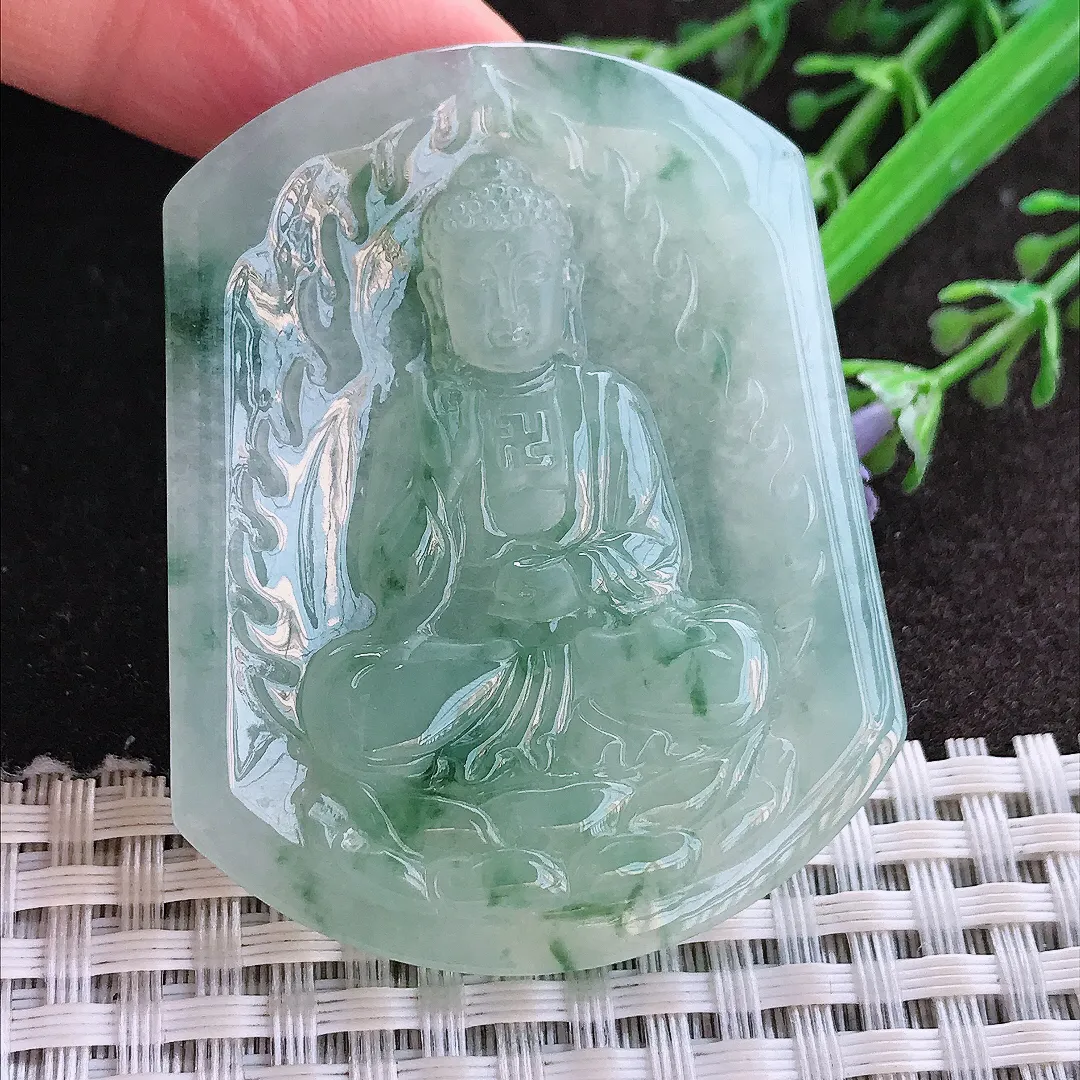 实拍A货翡翠52/41.7/5.6老坑冰胶水灵冰飘花阿弥陀佛吊坠翡翠玉牌挂件