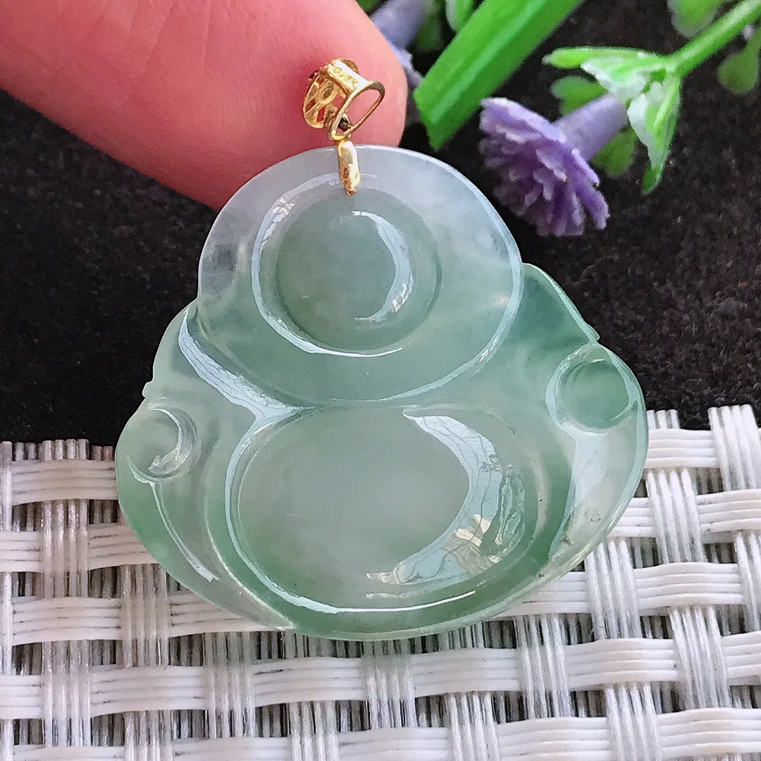 实拍A货翡翠26/28.2/5.3老坑18k金镶嵌冰晴绿佛公吊坠翡翠玉牌挂件