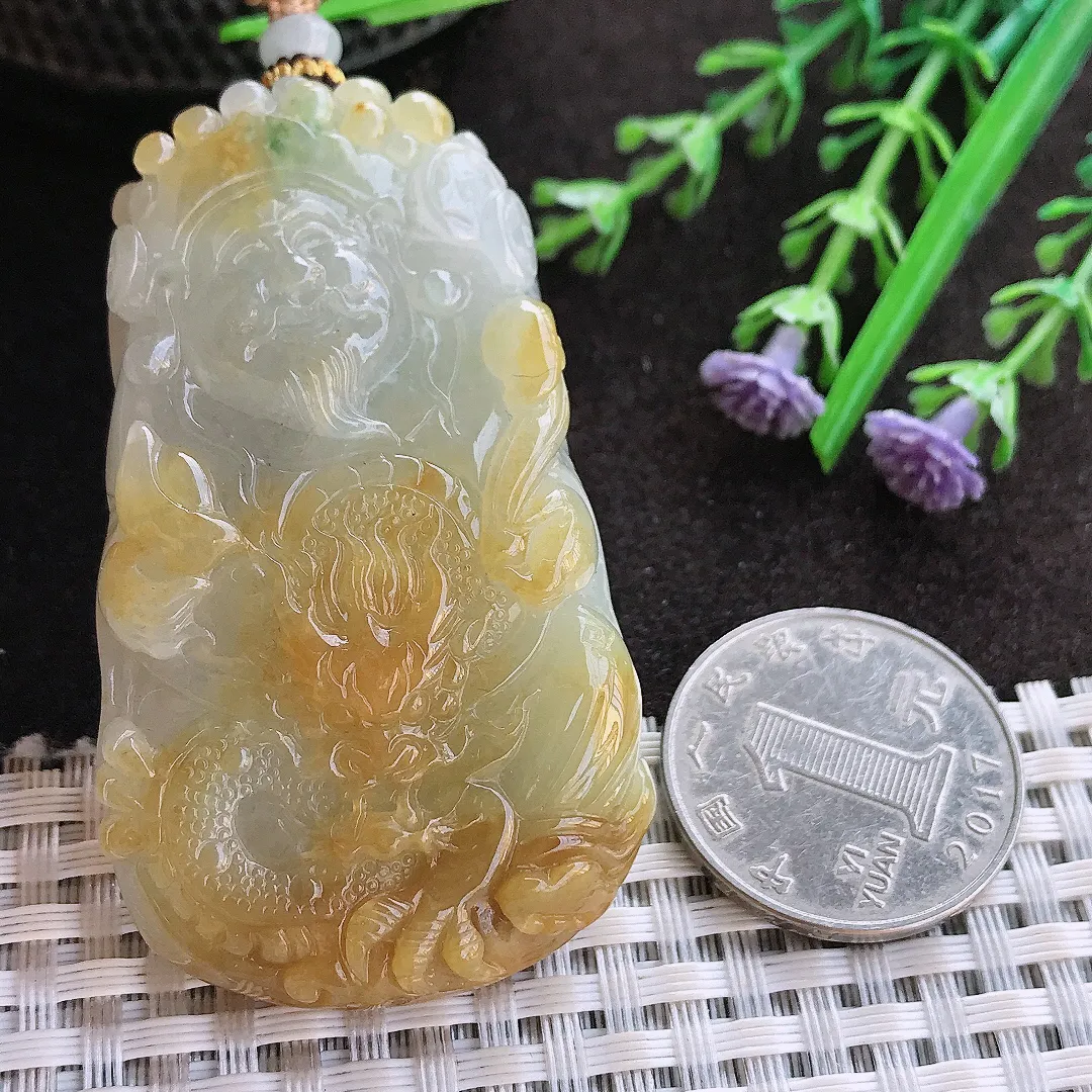 实拍A货翡翠59/35/12老坑精美冰润飘黄翡财神爷吊坠翡翠玉牌挂件