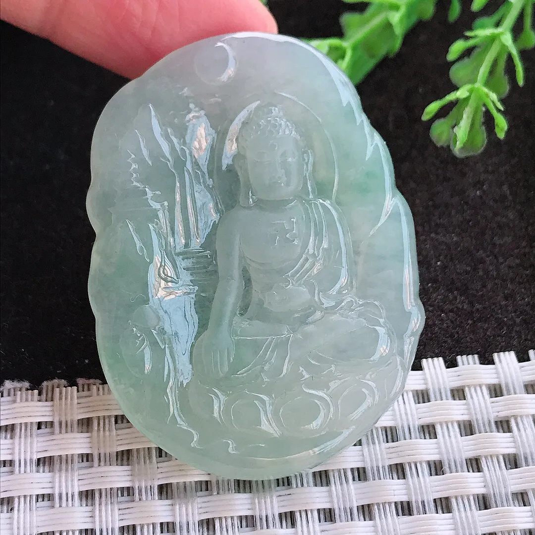 实拍A货翡翠47.8/35.5/5.2老坑冰胶果冻冰晴阿弥陀佛吊坠翡翠玉牌挂件