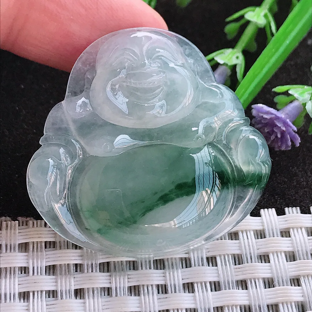 实拍A货翡翠35.8/38.5/5.6老坑冰种飘花佛公吊坠翡翠玉牌挂件