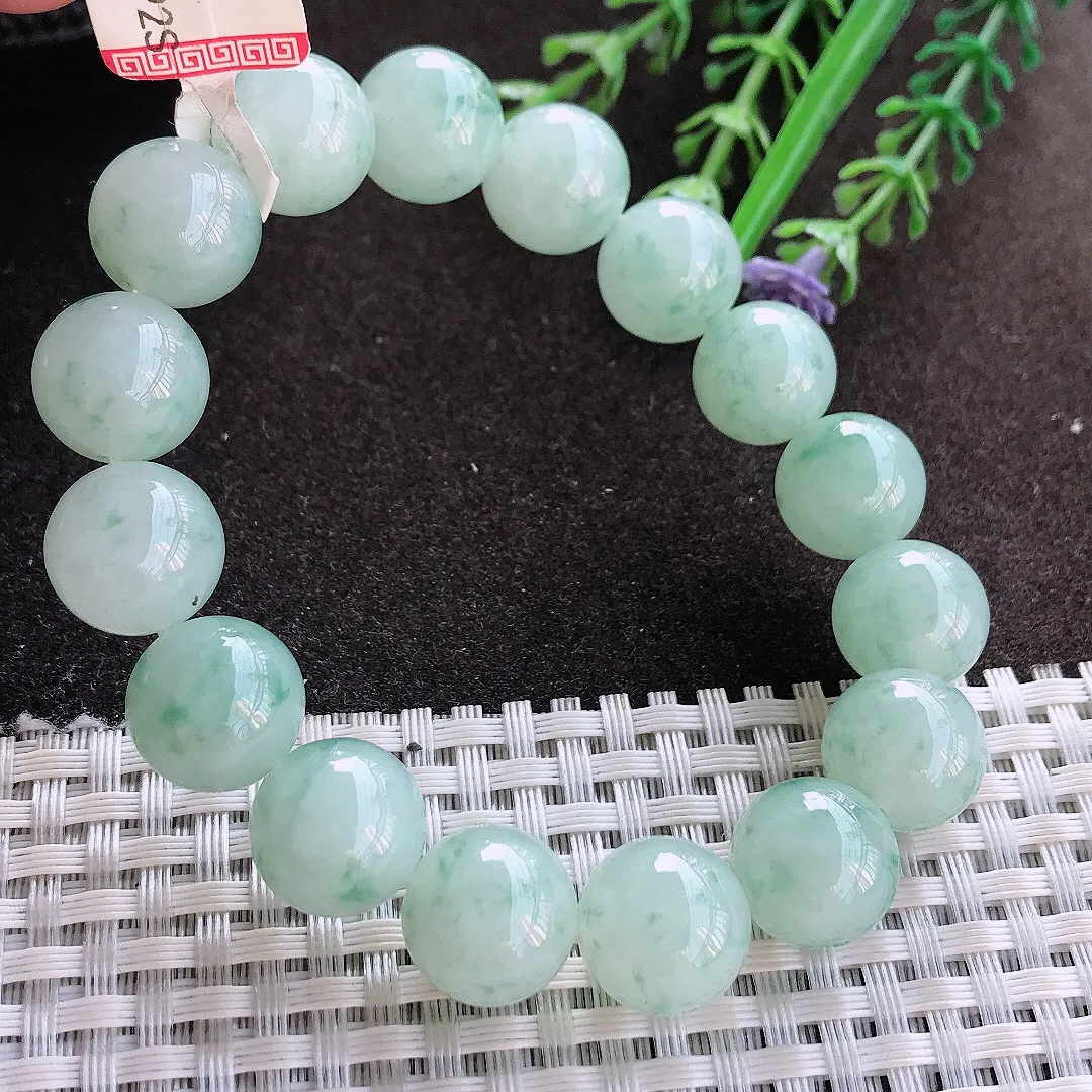 实拍A货翡翠12.6/16颗老坑冰胶水灵飘花圆珠手链翡翠玉珠手串