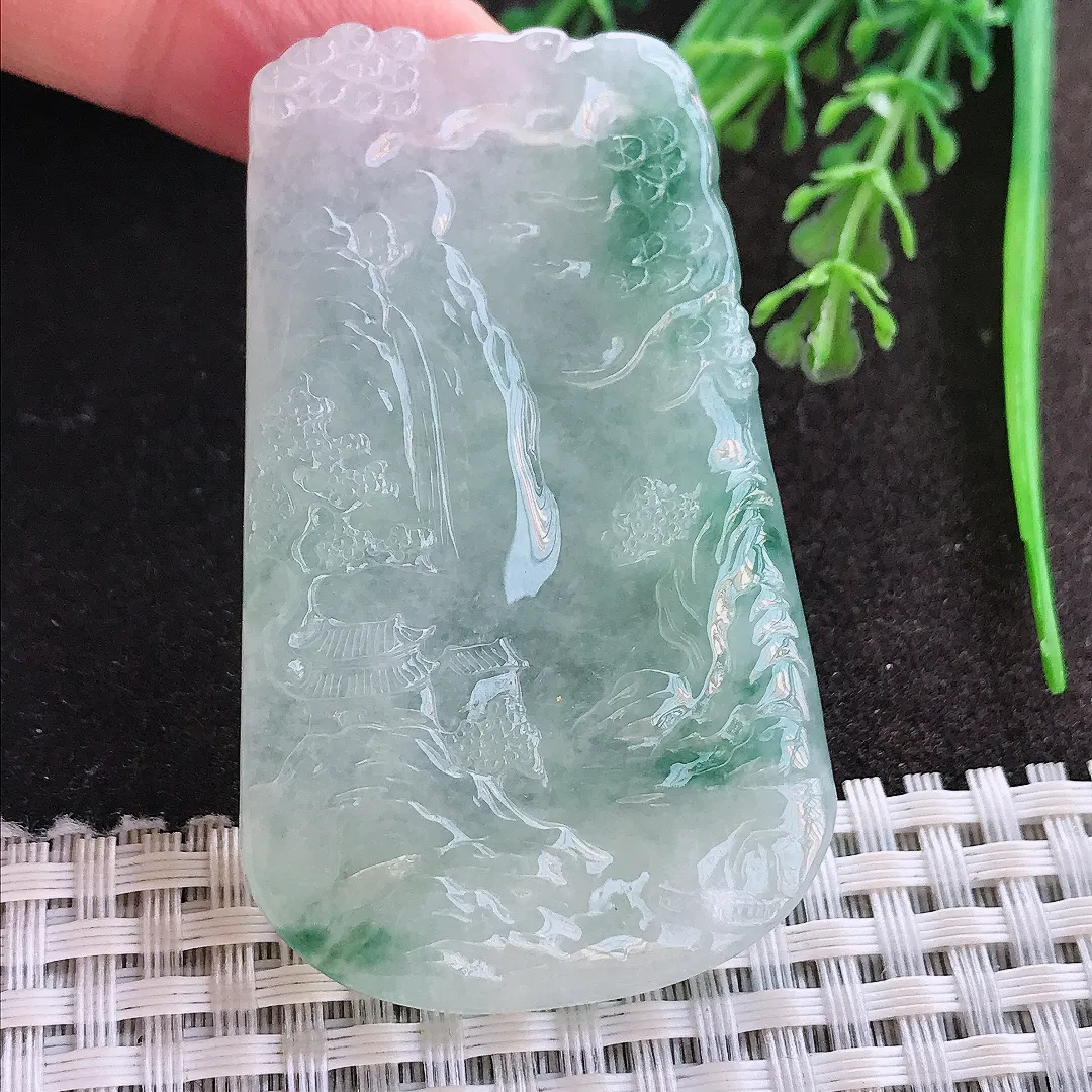 实拍A货翡翠59.3/36.5/5.6老坑冰胶果冻冰飘花山水牌吊坠翡翠玉牌挂件