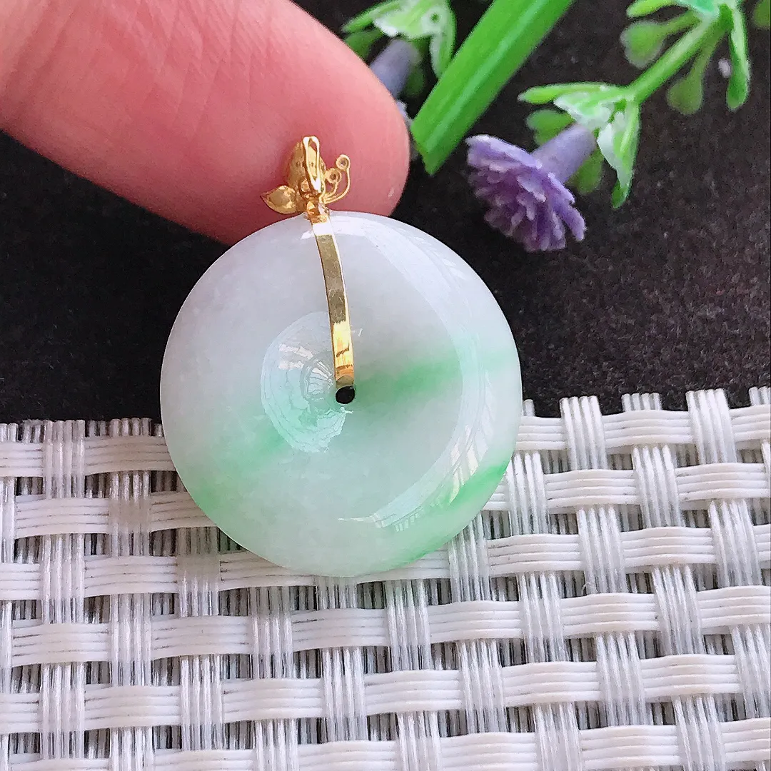 实拍A货翡翠22.3/5.8老坑18k金镶嵌飘阳绿平安扣吊坠翡翠玉牌挂件