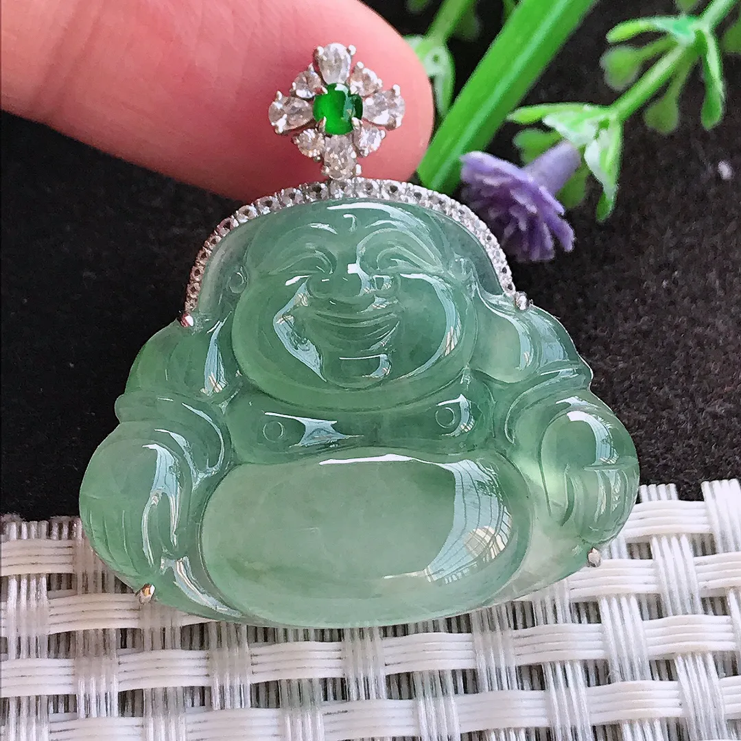 实拍A货翡翠36.8/34.7/7.8老坑18k金镶嵌冰种起胶冰晴满绿佛公吊坠翡翠玉牌挂件