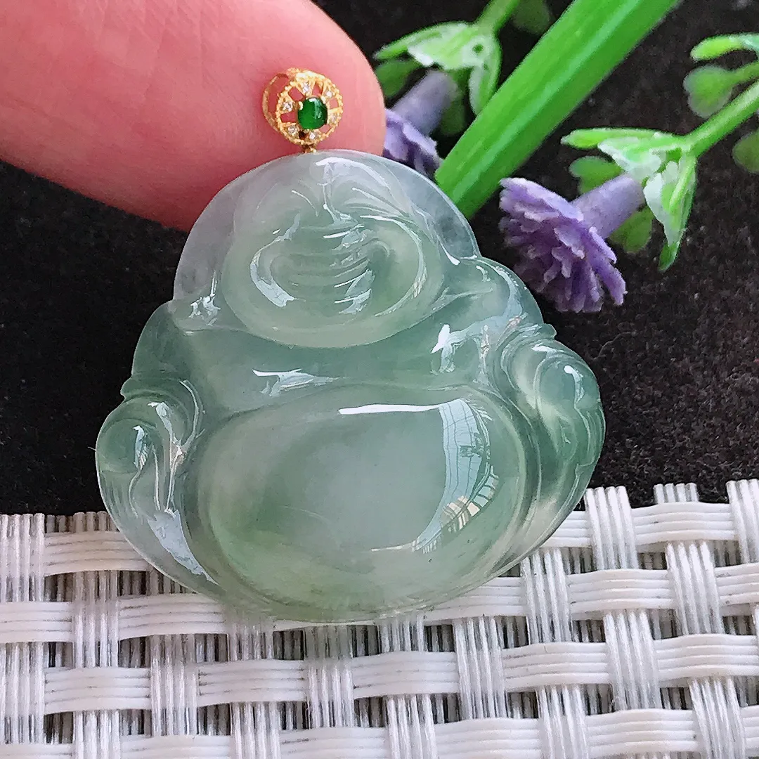 实拍A货翡翠26/28.2/5.3老坑18k金镶嵌冰晴绿佛公吊坠翡翠玉牌挂件