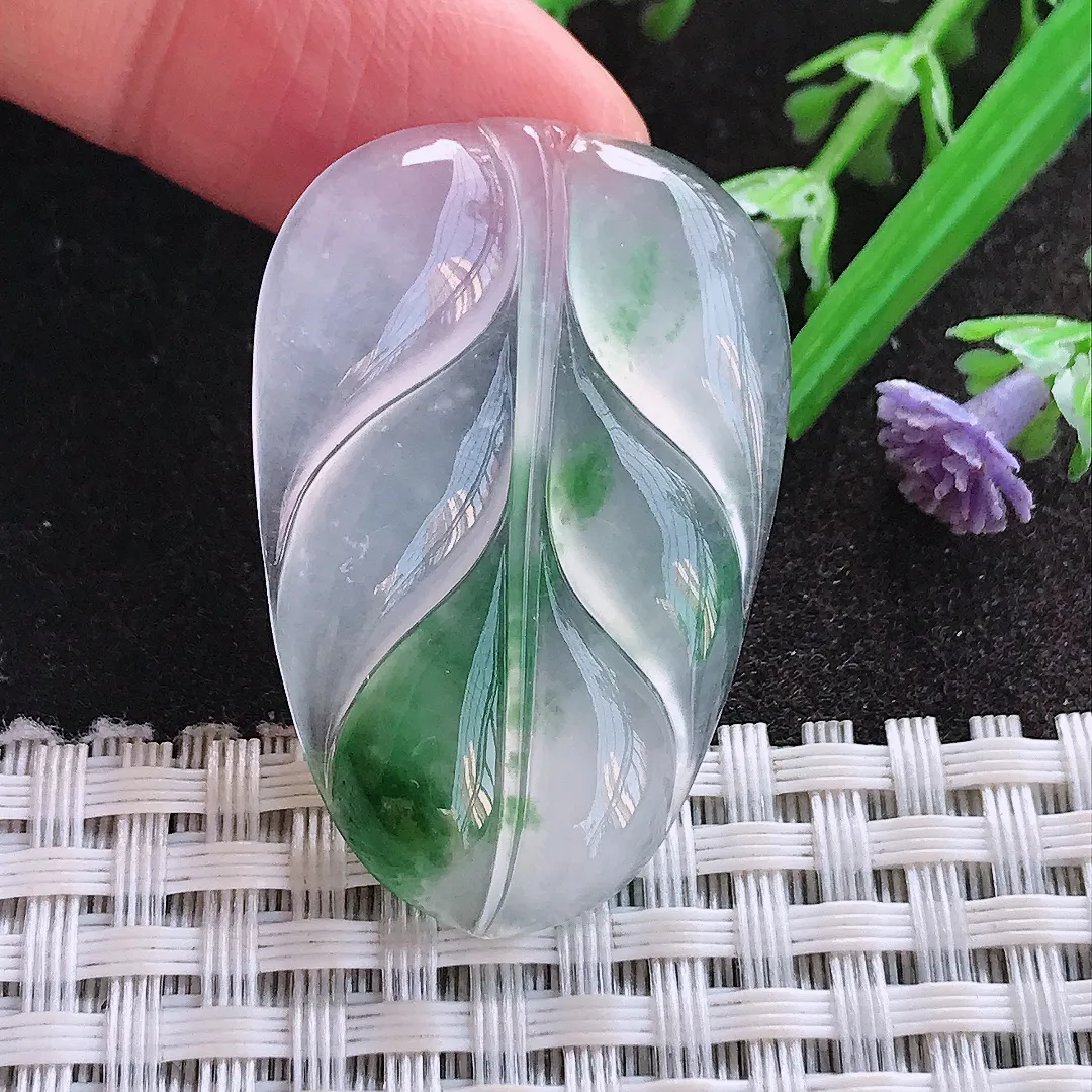 实拍A货翡翠38.5/25.5/4.5老坑冰种果冻胶冰飘花叶子镶嵌件吊坠翡翠玉牌挂件