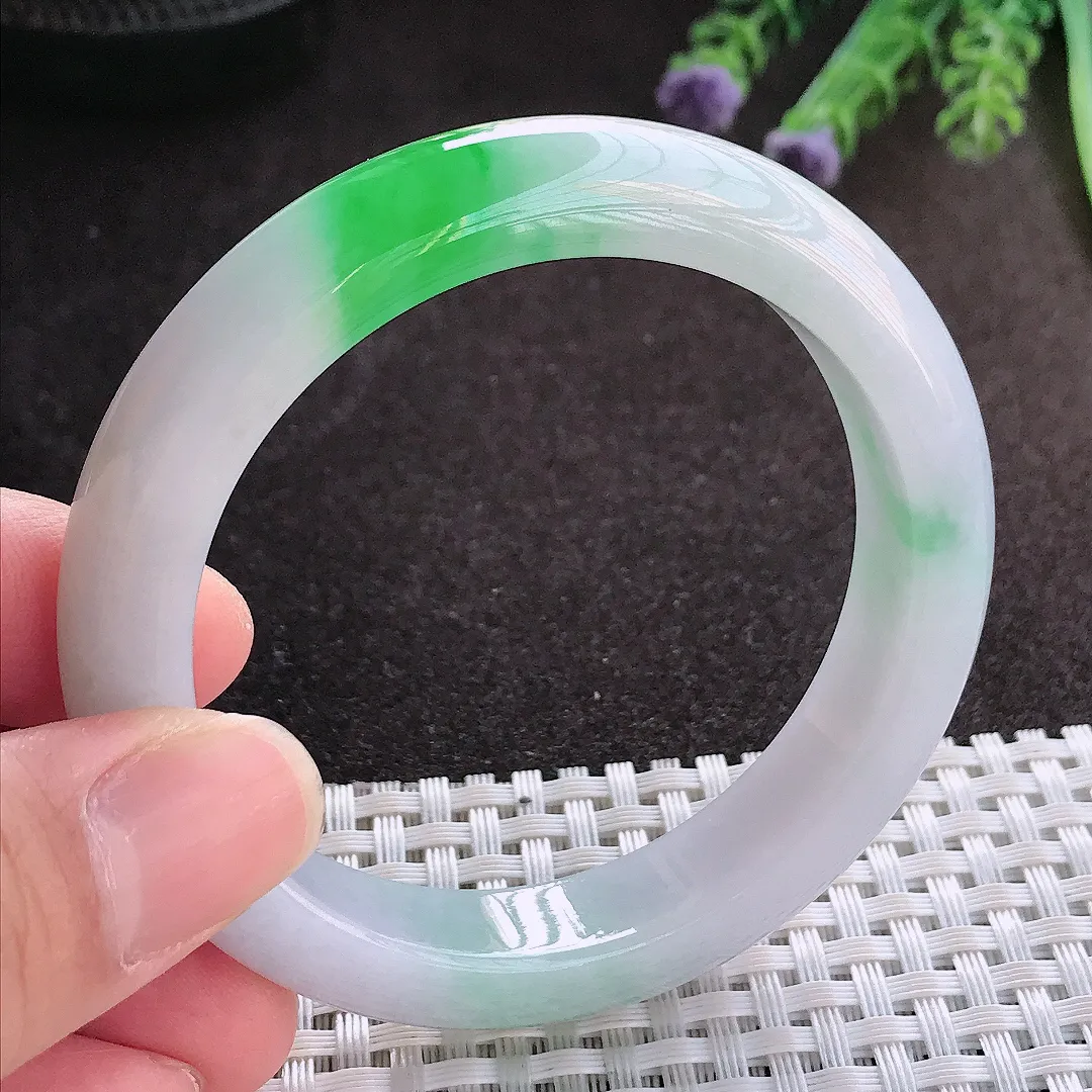 实拍A货翡翠54/11.8/8.6老坑冰润水灵飘阳绿手镯翡翠玉镯子平安镯