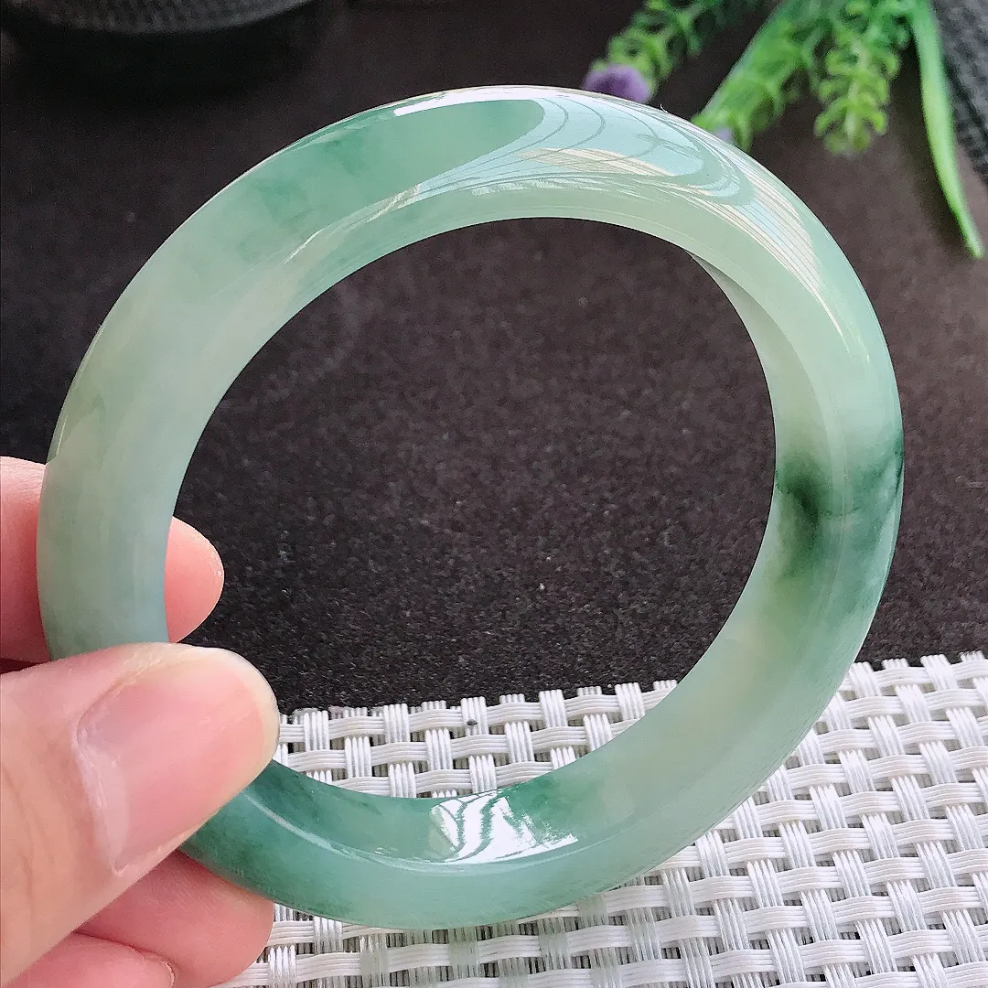 实拍A货翡翠58/12.7/9.2老坑冰胶水灵飘花手镯翡翠玉镯子平安镯