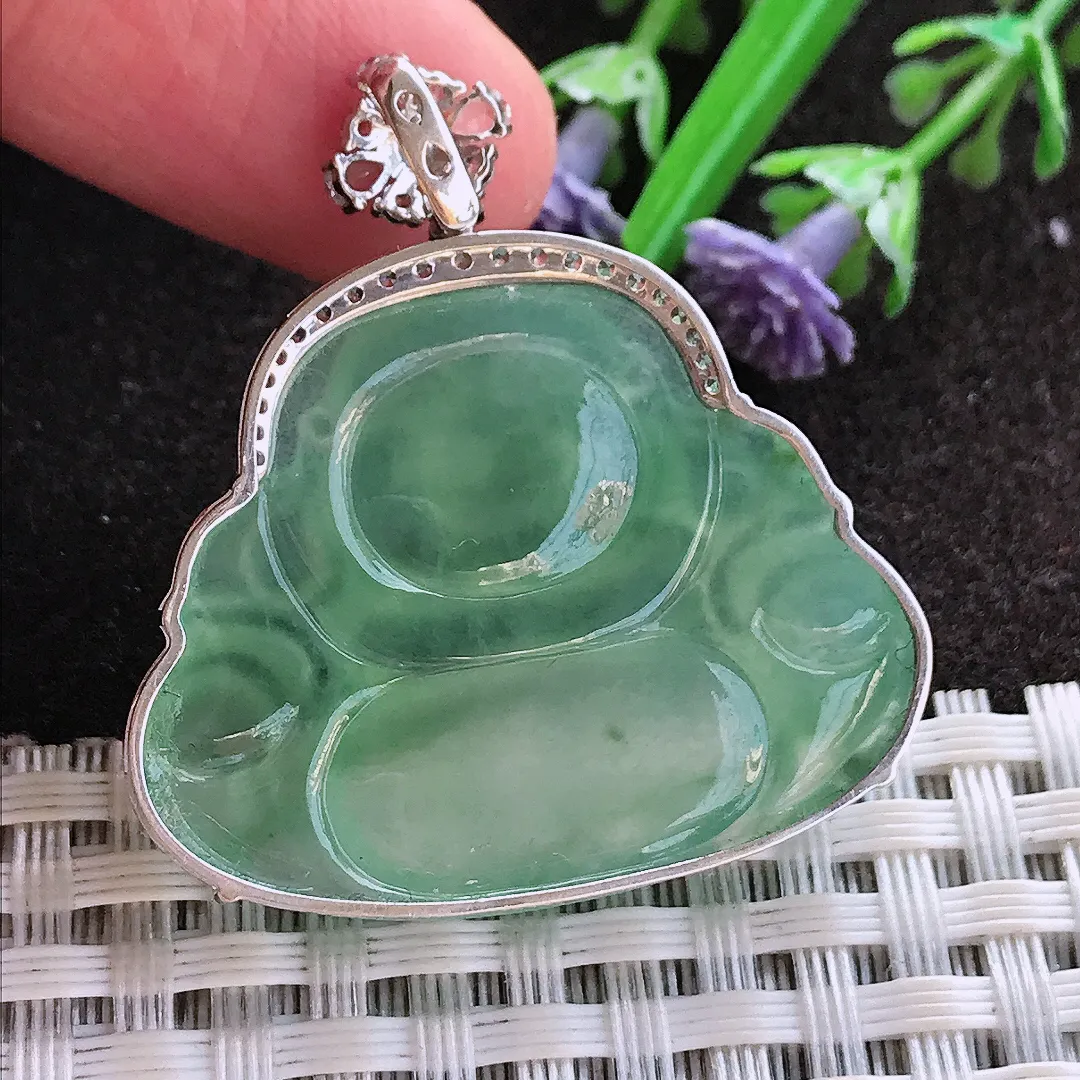 实拍A货翡翠36.8/34.7/7.8老坑18k金镶嵌冰种起胶冰晴满绿佛公吊坠翡翠玉牌挂件