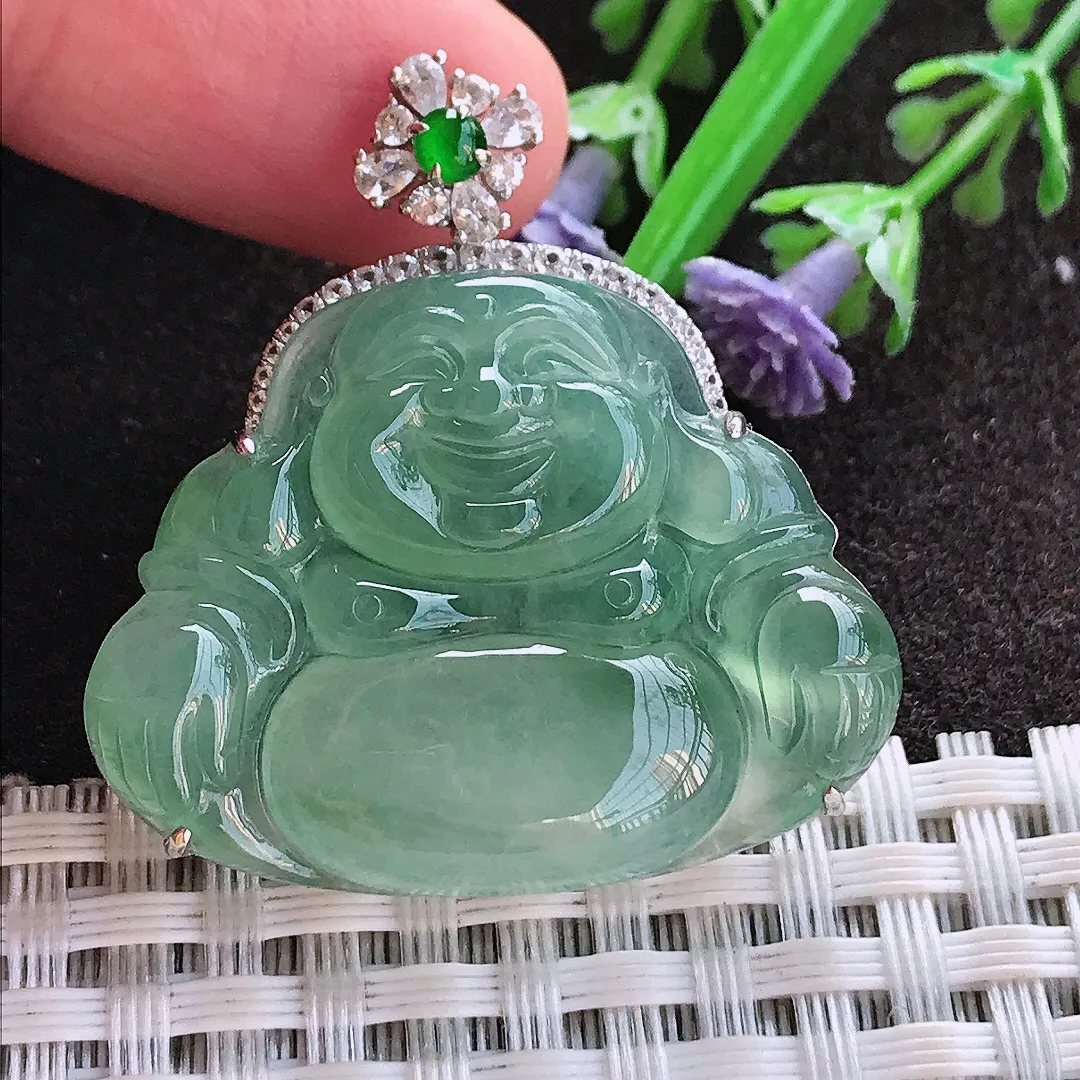 实拍A货翡翠36.8/34.7/7.8老坑18k金镶嵌冰种起胶冰晴满绿佛公吊坠翡翠玉牌挂件
