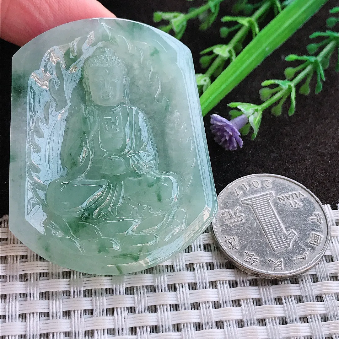 实拍A货翡翠52/41.7/5.6老坑冰胶水灵冰飘花阿弥陀佛吊坠翡翠玉牌挂件