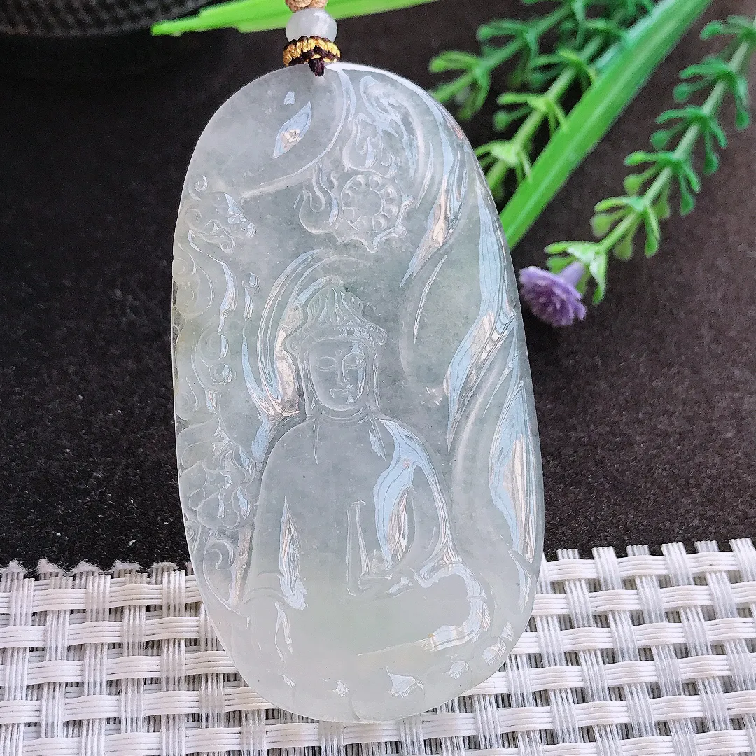 实拍A货翡翠69/38/5.5老坑冰种起胶赐福观音吊坠翡翠玉牌挂件