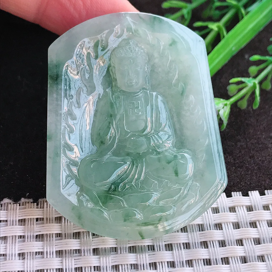 实拍A货翡翠52/41.7/5.6老坑冰胶水灵冰飘花阿弥陀佛吊坠翡翠玉牌挂件