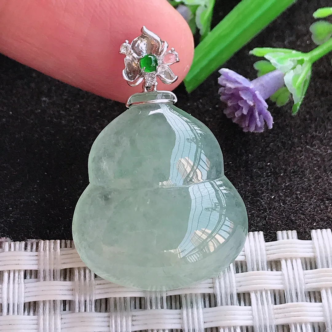 实拍A货翡翠23/20.7/6.2老坑18k金镶嵌冰晴绿葫芦吊坠翡翠玉牌挂件