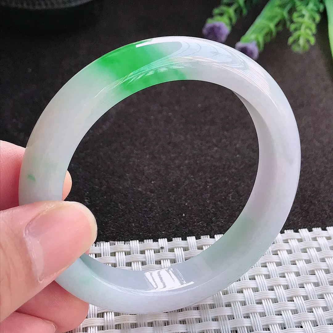 实拍A货翡翠54/11.8/8.6老坑冰润水灵飘阳绿手镯翡翠玉镯子平安镯