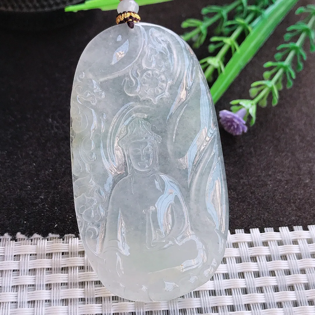 实拍A货翡翠69/38/5.5老坑冰种起胶赐福观音吊坠翡翠玉牌挂件