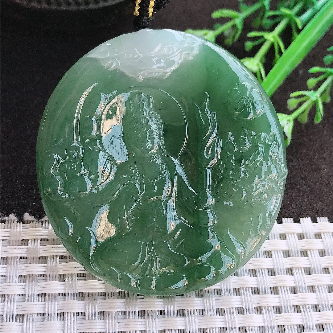 实拍A货翡翠54/5.6老坑冰胶果冻特色双彩虚空藏菩萨吊坠翡翠玉牌挂件