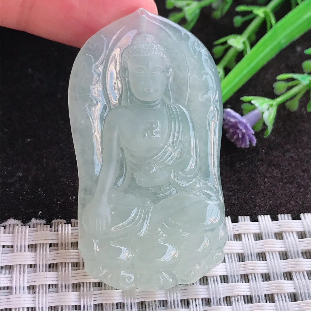 实拍A货翡翠52.2/29.6/5.6老坑冰胶果冻冰晴阿弥陀佛吊坠翡翠玉牌挂件