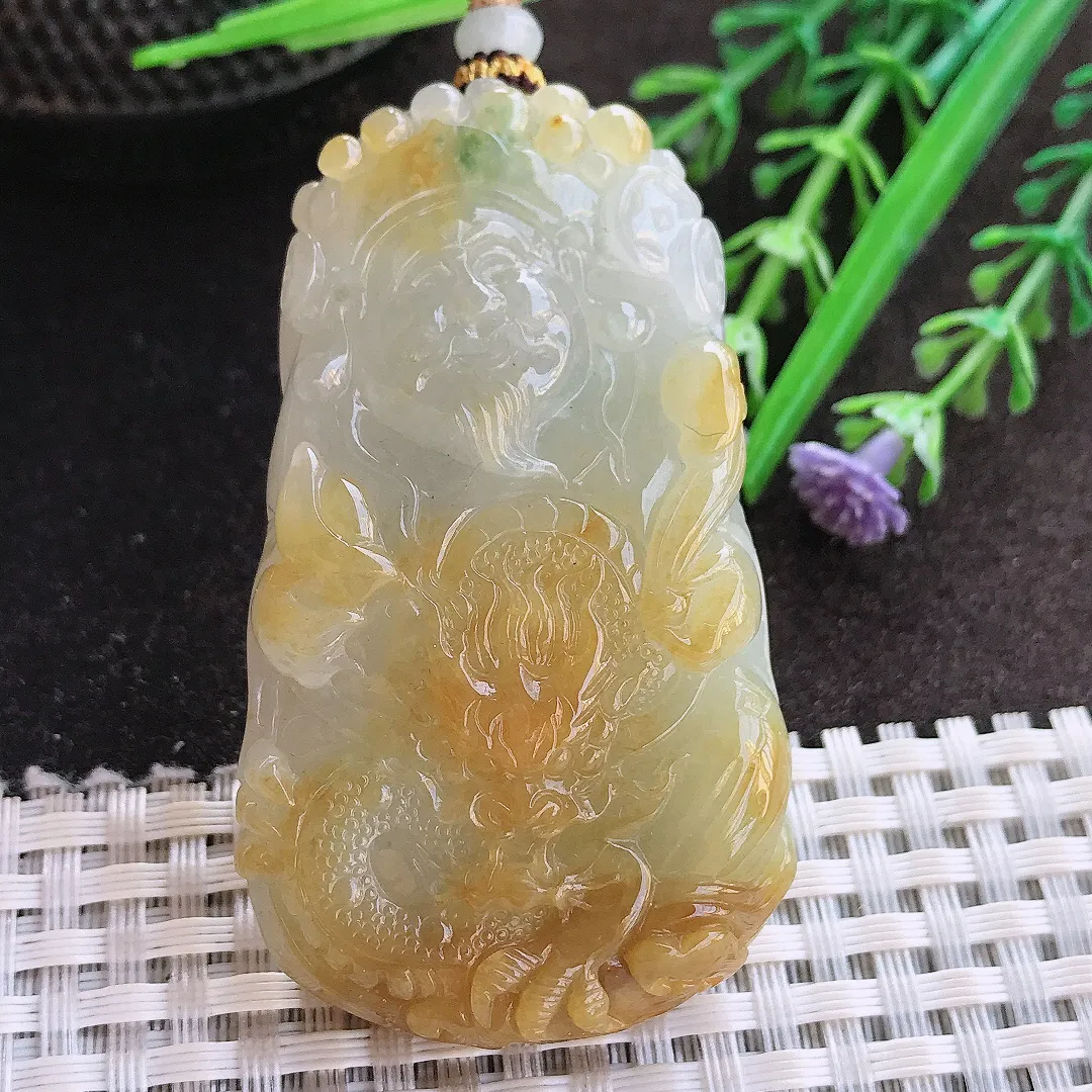 实拍A货翡翠59/35/12老坑精美冰润飘黄翡财神爷吊坠翡翠玉牌挂件