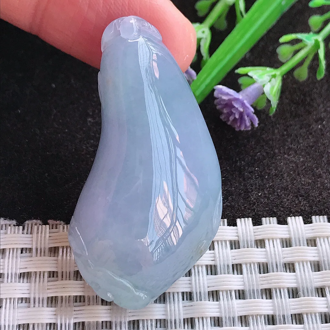 实拍A货翡翠43.5/22/10.8老坑冰润起胶浓艳紫罗兰福瓜吊坠翡翠玉牌挂件