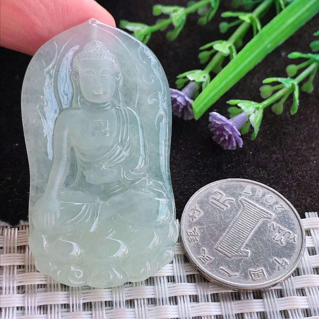 实拍A货翡翠52.2/29.6/5.6老坑冰胶果冻冰晴阿弥陀佛吊坠翡翠玉牌挂件