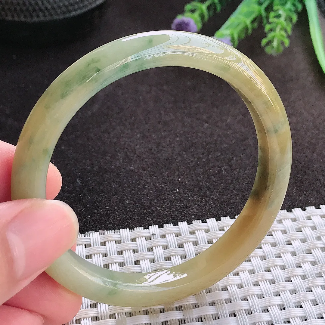 实拍A货翡翠53.5/8.7/7.3老坑精美冰润黄翡飘花手镯翡翠玉镯平安镯