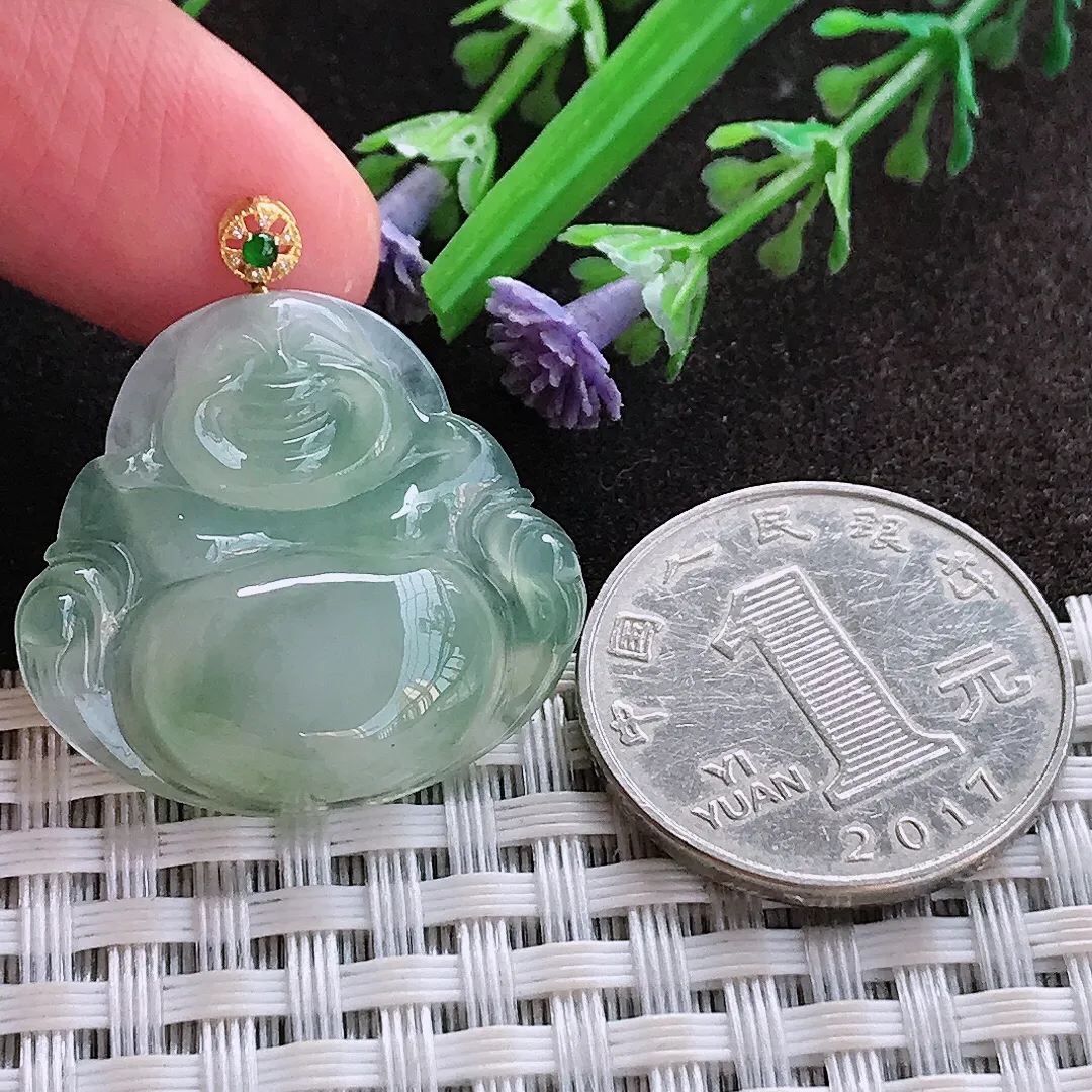 实拍A货翡翠26/28.2/5.3老坑18k金镶嵌冰晴绿佛公吊坠翡翠玉牌挂件