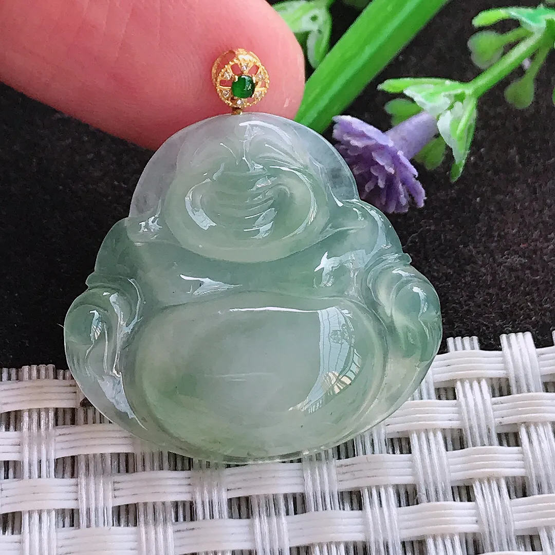 实拍A货翡翠26/28.2/5.3老坑18k金镶嵌冰晴绿佛公吊坠翡翠玉牌挂件