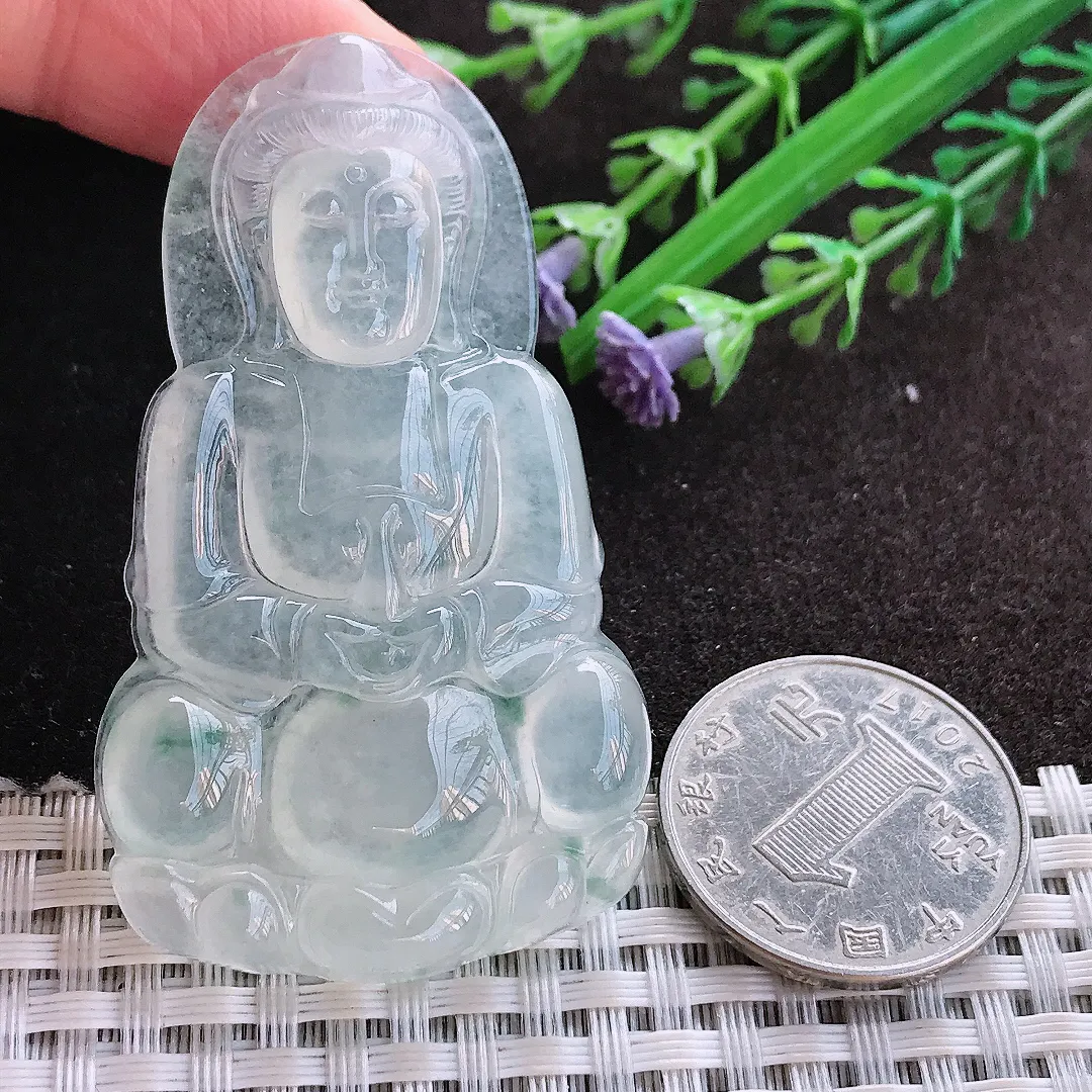 实拍A货翡翠60.5/35.5/6.4老坑冰种起钢正装观音吊坠翡翠玉观音挂件