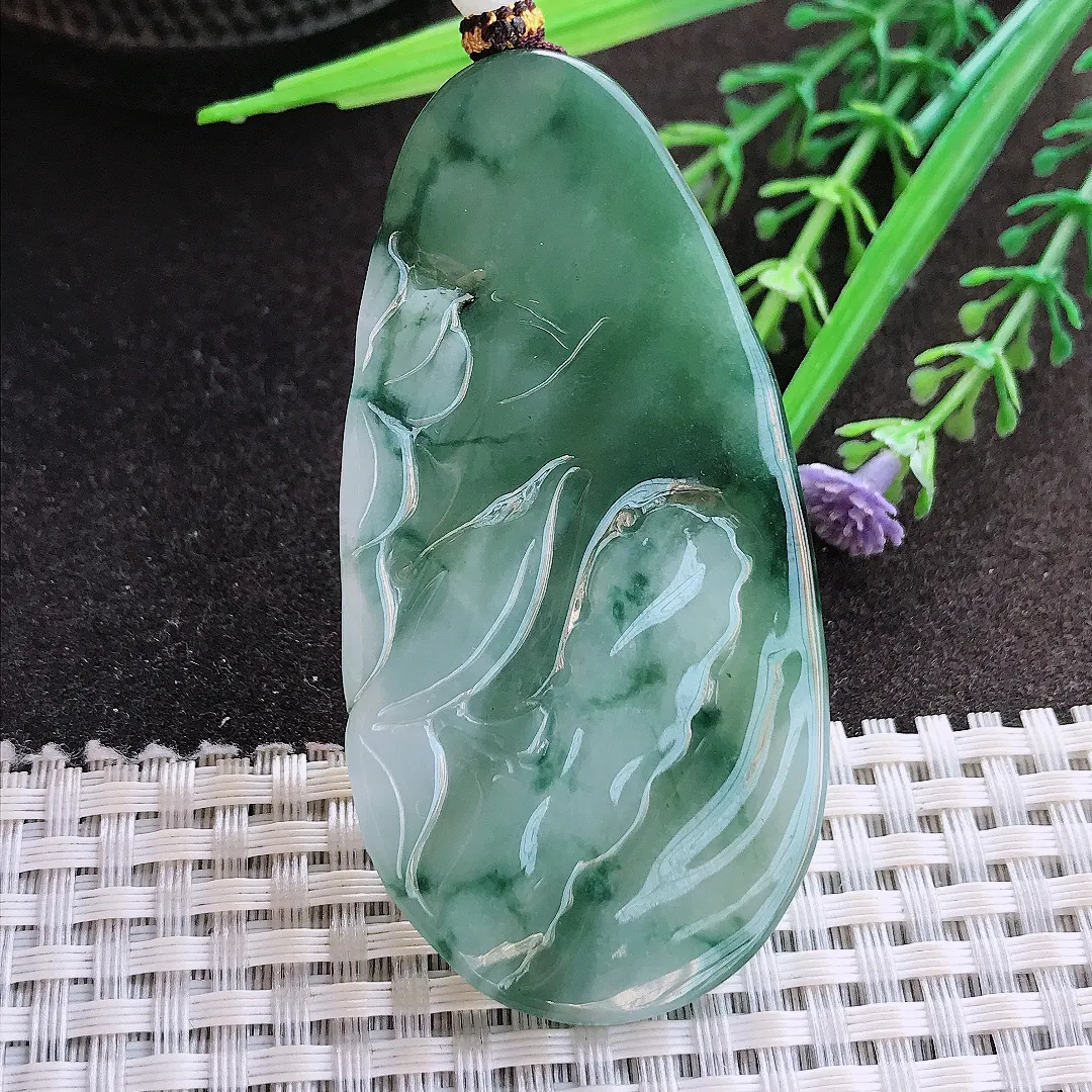 实拍A货翡翠65/33.8/9.5老坑冰胶水灵飘花阿弥陀佛吊坠翡翠玉牌挂件