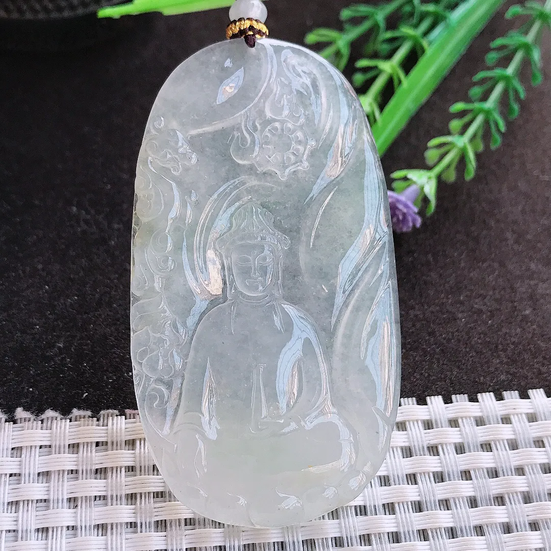实拍A货翡翠69/38/5.5老坑冰种起胶赐福观音吊坠翡翠玉牌挂件