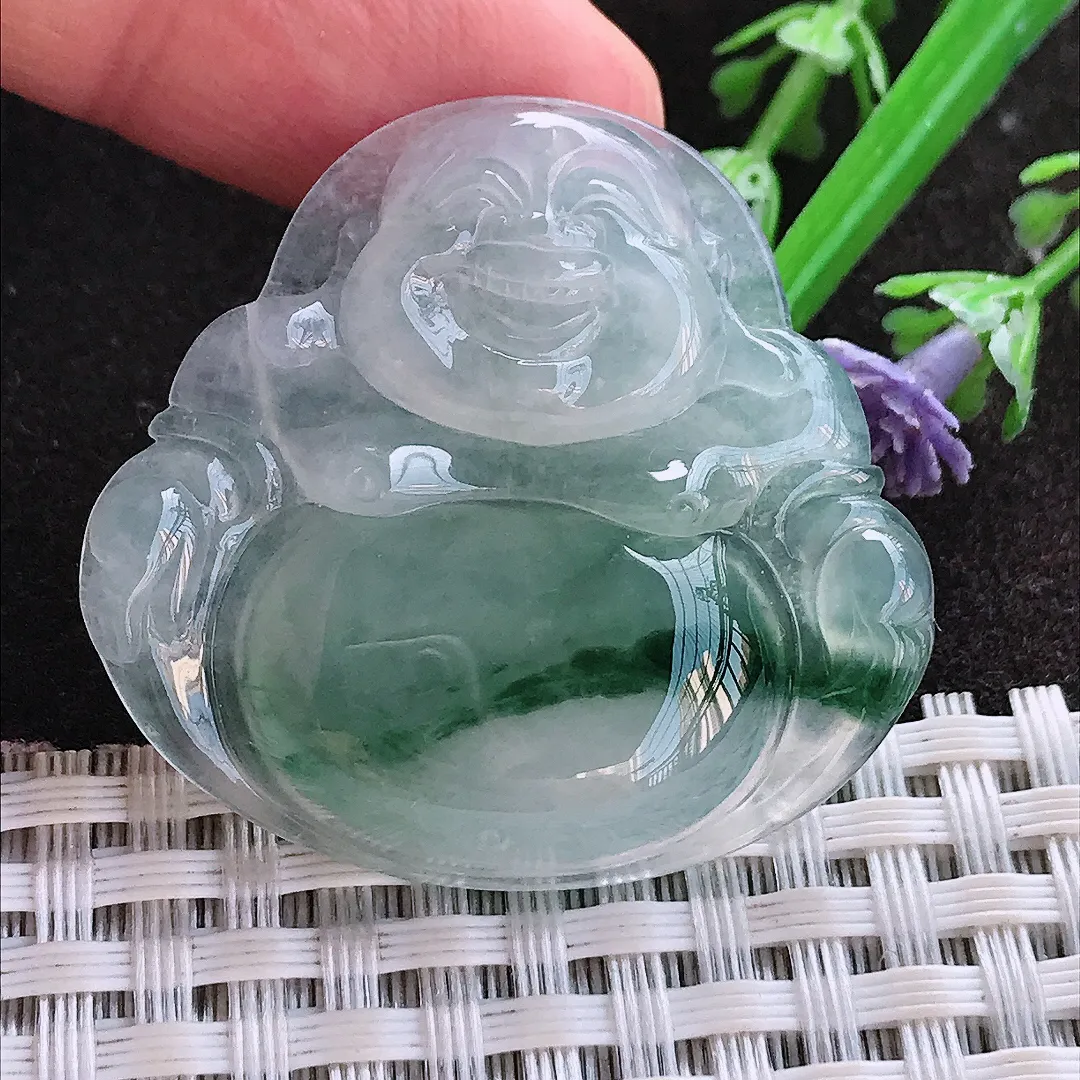 实拍A货翡翠35.8/38.5/5.6老坑冰种飘花佛公吊坠翡翠玉牌挂件