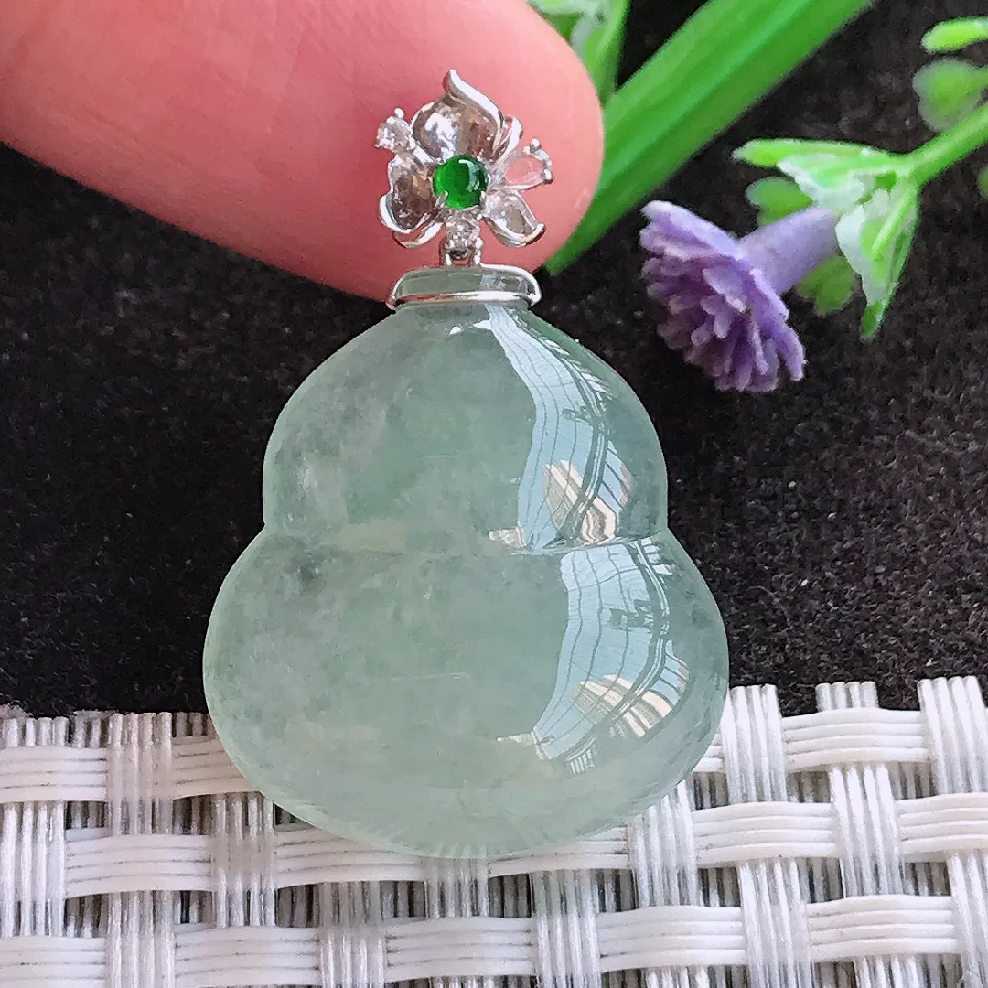 实拍A货翡翠23/20.7/6.2老坑18k金镶嵌冰晴绿葫芦吊坠翡翠玉牌挂件