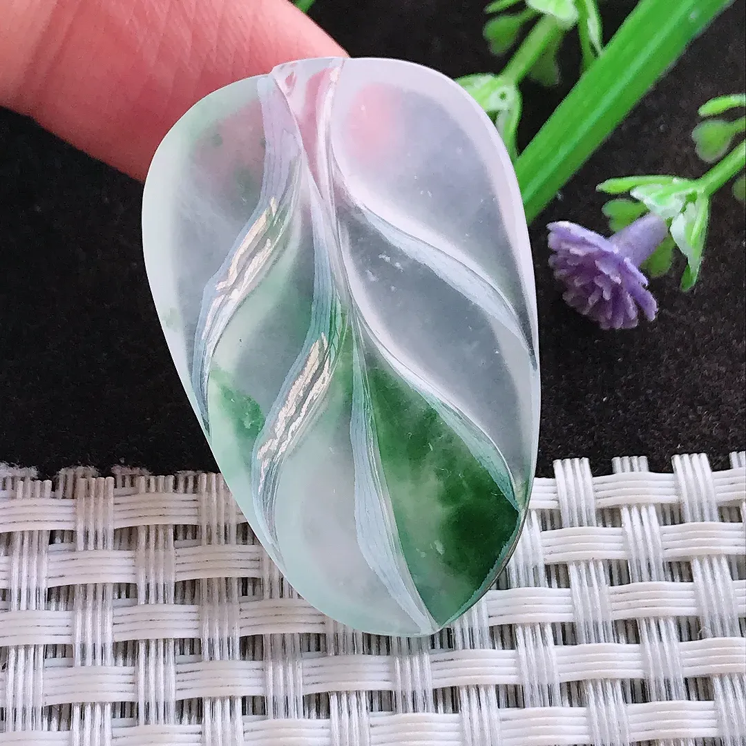 实拍A货翡翠38.5/25.5/4.5老坑冰种果冻胶冰飘花叶子镶嵌件吊坠翡翠玉牌挂件