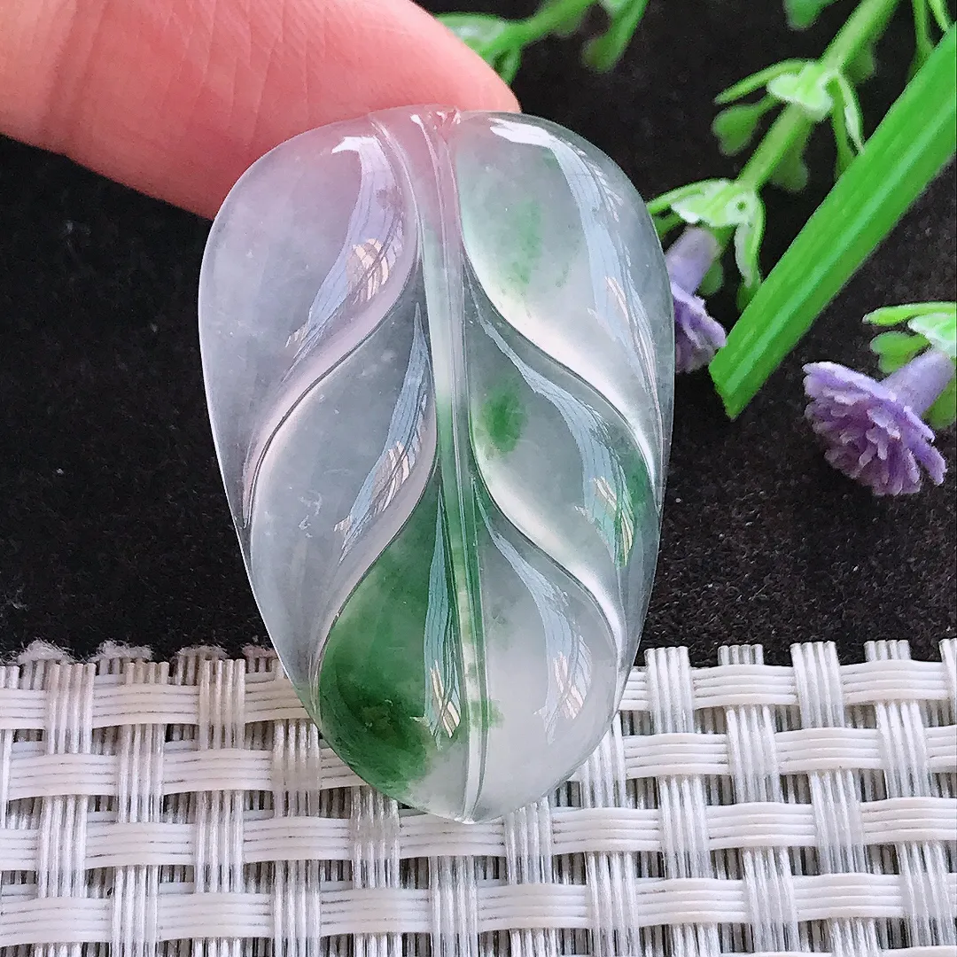 实拍A货翡翠38.5/25.5/4.5老坑冰种果冻胶冰飘花叶子镶嵌件吊坠翡翠玉牌挂件