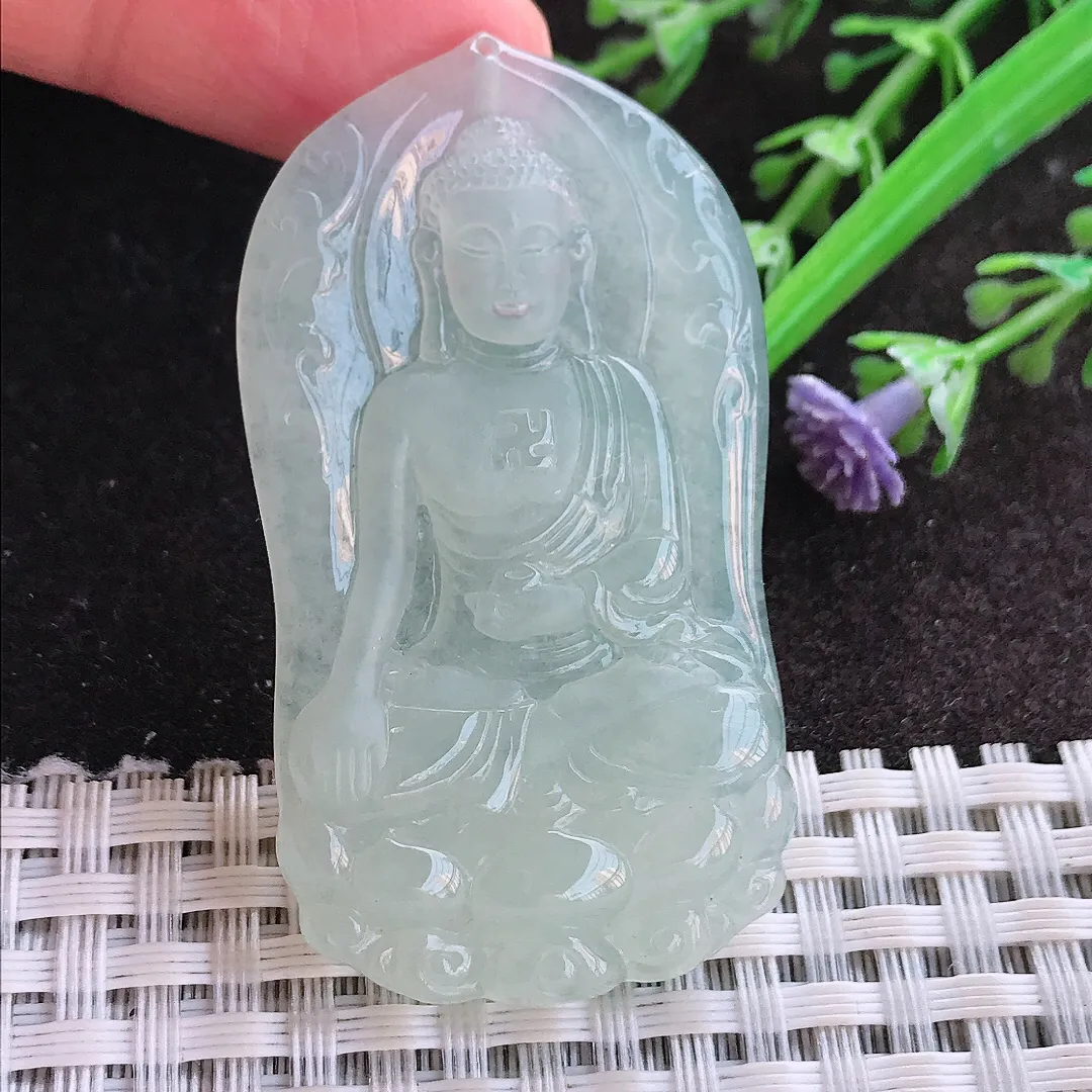 实拍A货翡翠52.2/29.6/5.6老坑冰胶果冻冰晴阿弥陀佛吊坠翡翠玉牌挂件