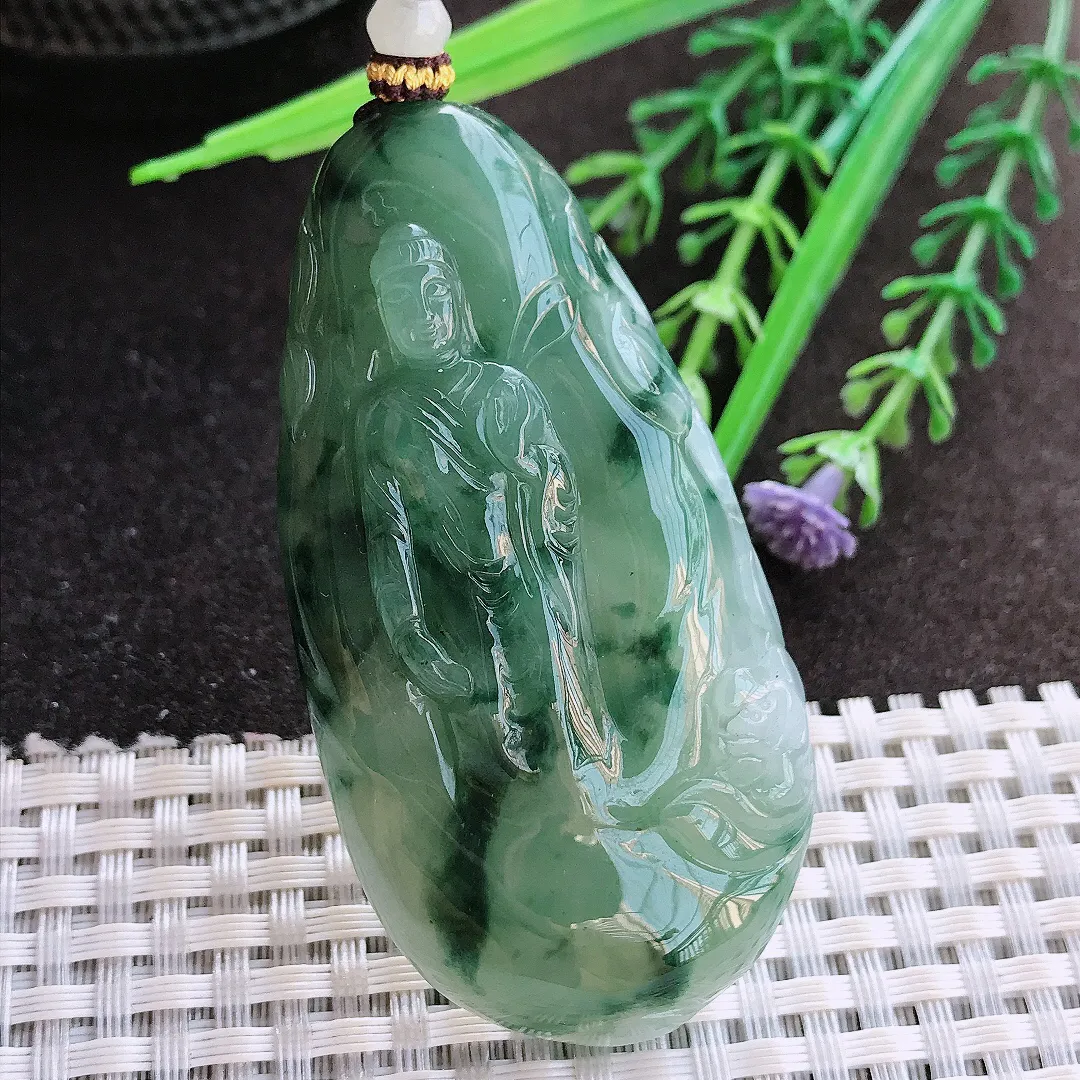 实拍A货翡翠65/33.8/9.5老坑冰胶水灵飘花阿弥陀佛吊坠翡翠玉牌挂件