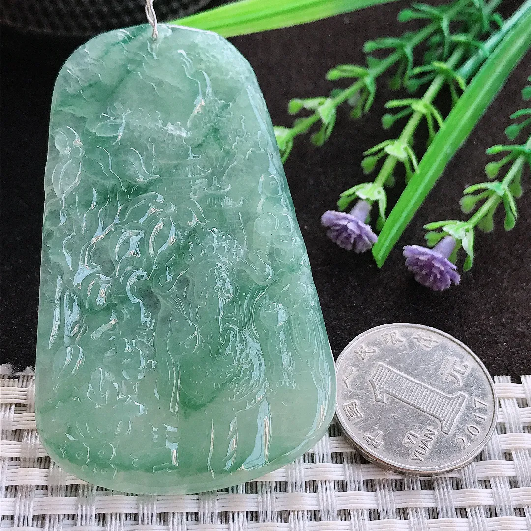 实拍A货翡翠67/42/4.8老坑冰胶水灵冰晴满绿财神爷吊坠翡翠玉牌挂件