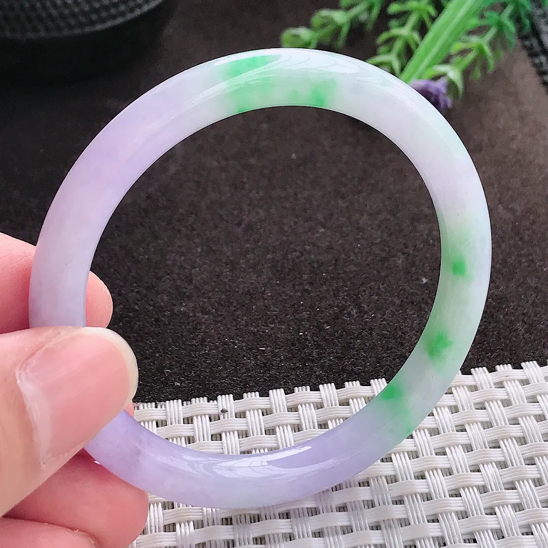 实拍A货翡翠51.5/6.5/7老坑精美春带彩圆条手镯翡翠细条玉镯子平安镯