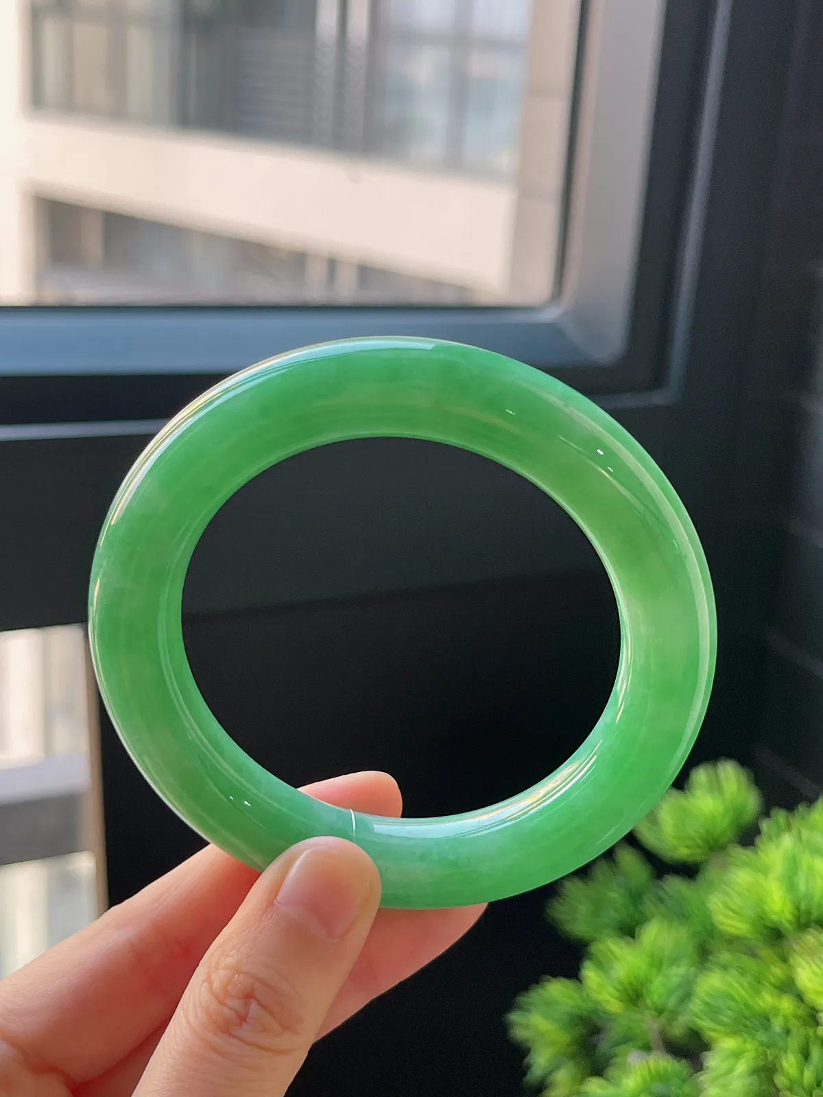 圆镯57圈口，翡翠糯化种满绿手镯