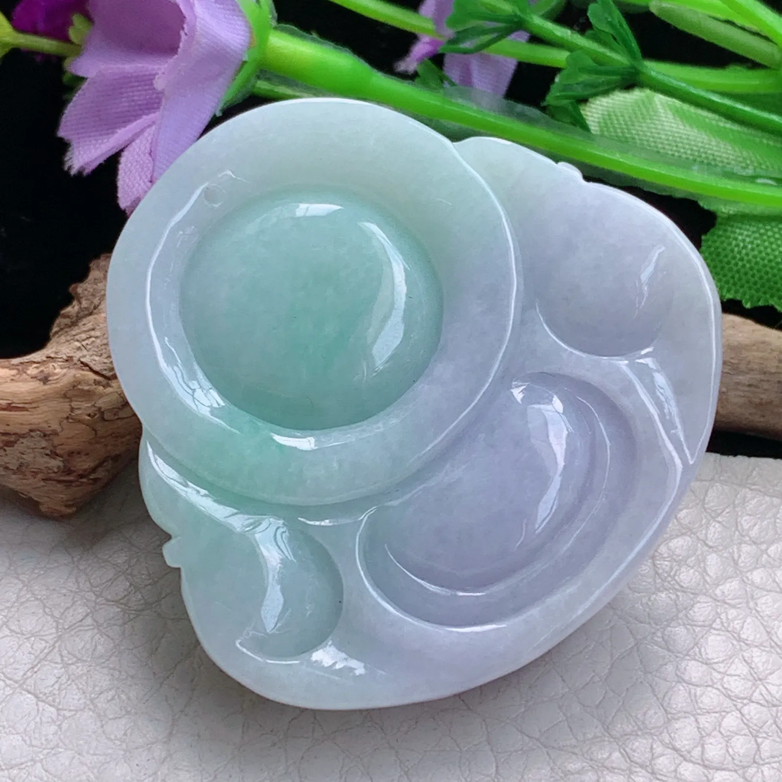 zen实拍49*50.8*13缅甸翡翠精美春带彩大佛公 弥勒佛玉项坠 毛衣坠