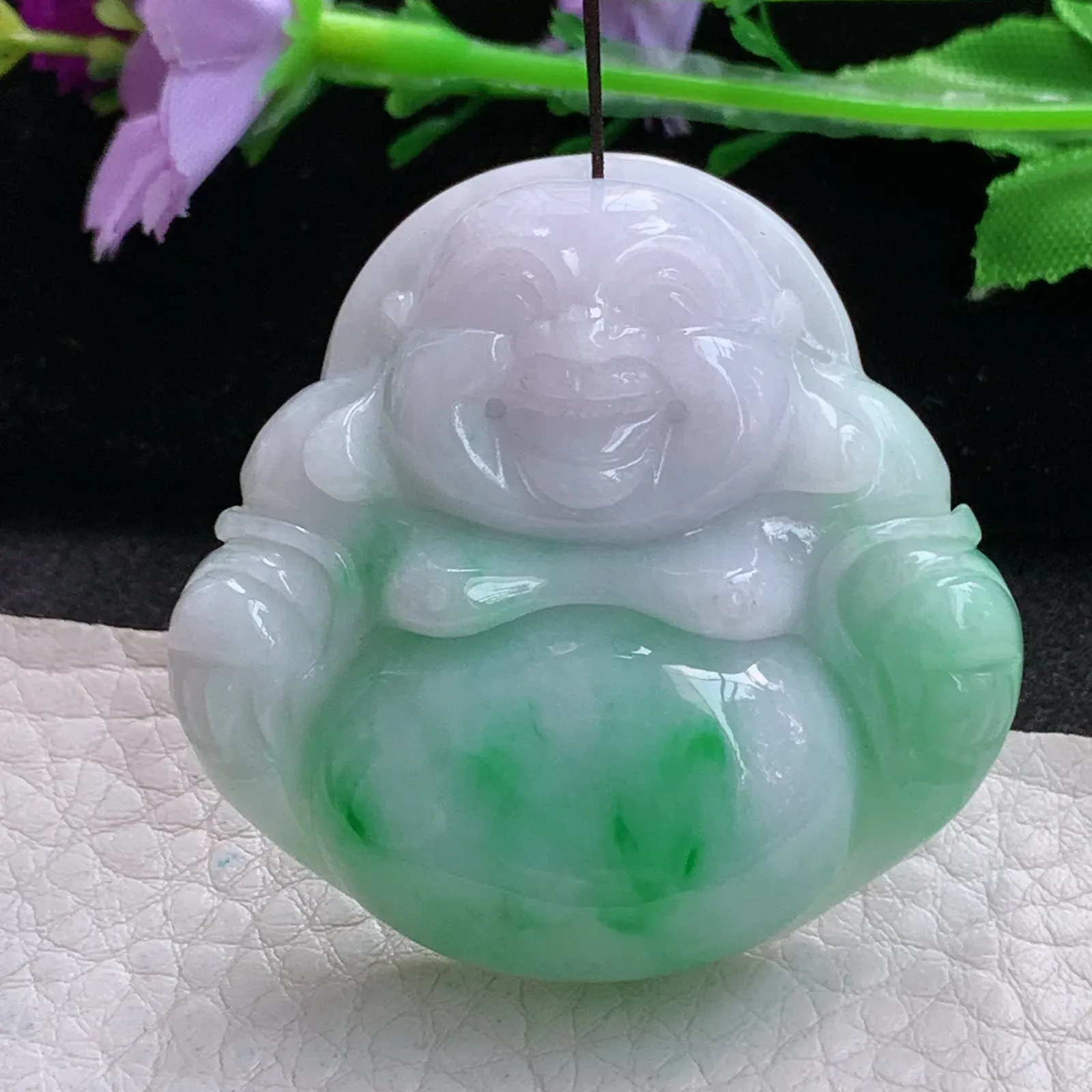 zen实拍45.3*47*12缅甸翡翠精美春带彩大佛公 弥勒佛玉项坠 玉挂件